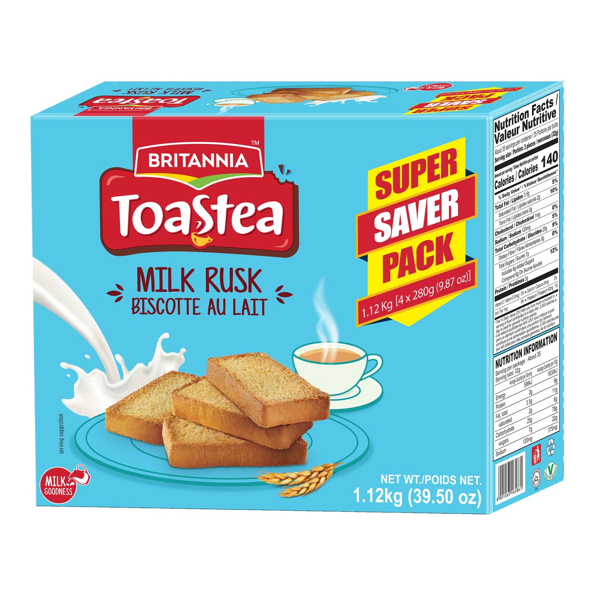 Medium Turquoise Britannia Toastea Milk Rusk 2.46lb (1.12kg) - Crispy, Crunchy - Breakfast & Tea Time Snacks (Pack of 1)