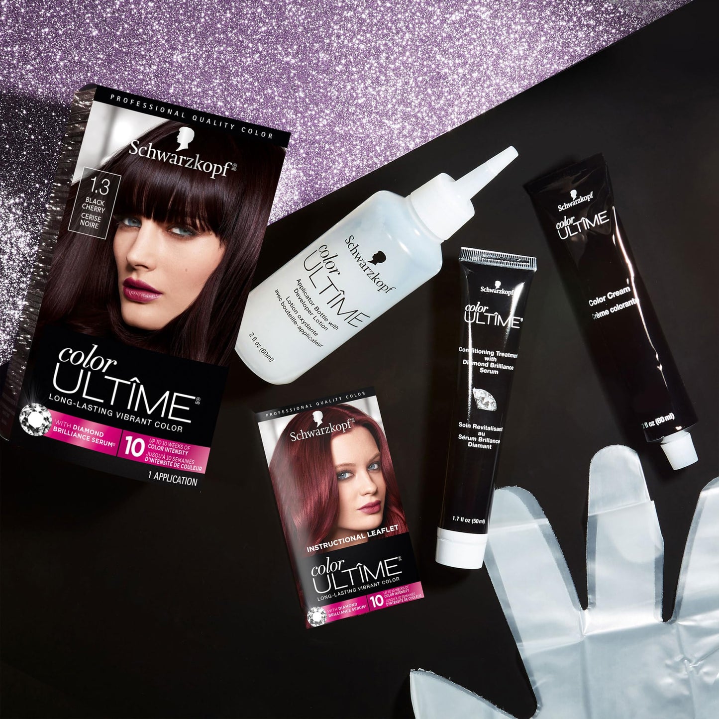 Black Schwarzkopf Color Ultime 1.3 Black Cherry Hair Dye, Permanent Intense Black with Diamond Brilliance, Fade-Resistant, Covers Grays, All Hair Textures