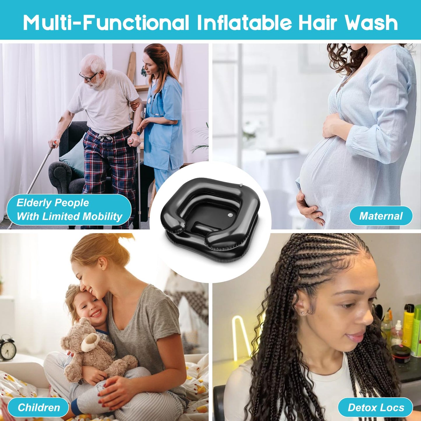 White Smoke Inflatable Shampoo Basin, Loc Detox Tub for Dreads, Shampoo Buddy Bowl for Bedridden, Disabled,Injured with 2.5 GL Portable Water Shower Bag（Black）