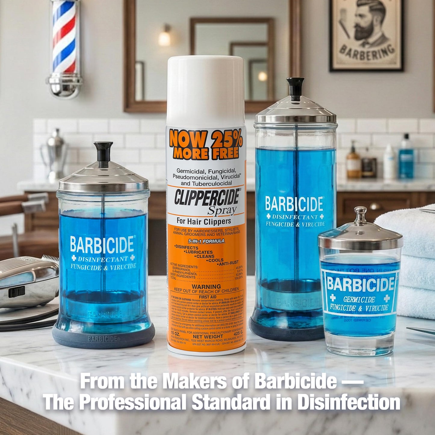Light Gray Barbicide Clipperside Hair Clippers Spray Cleaner Large 15 OZ. Bottle with EXCLUSIVE 5-In-1 Formula Disinfects
