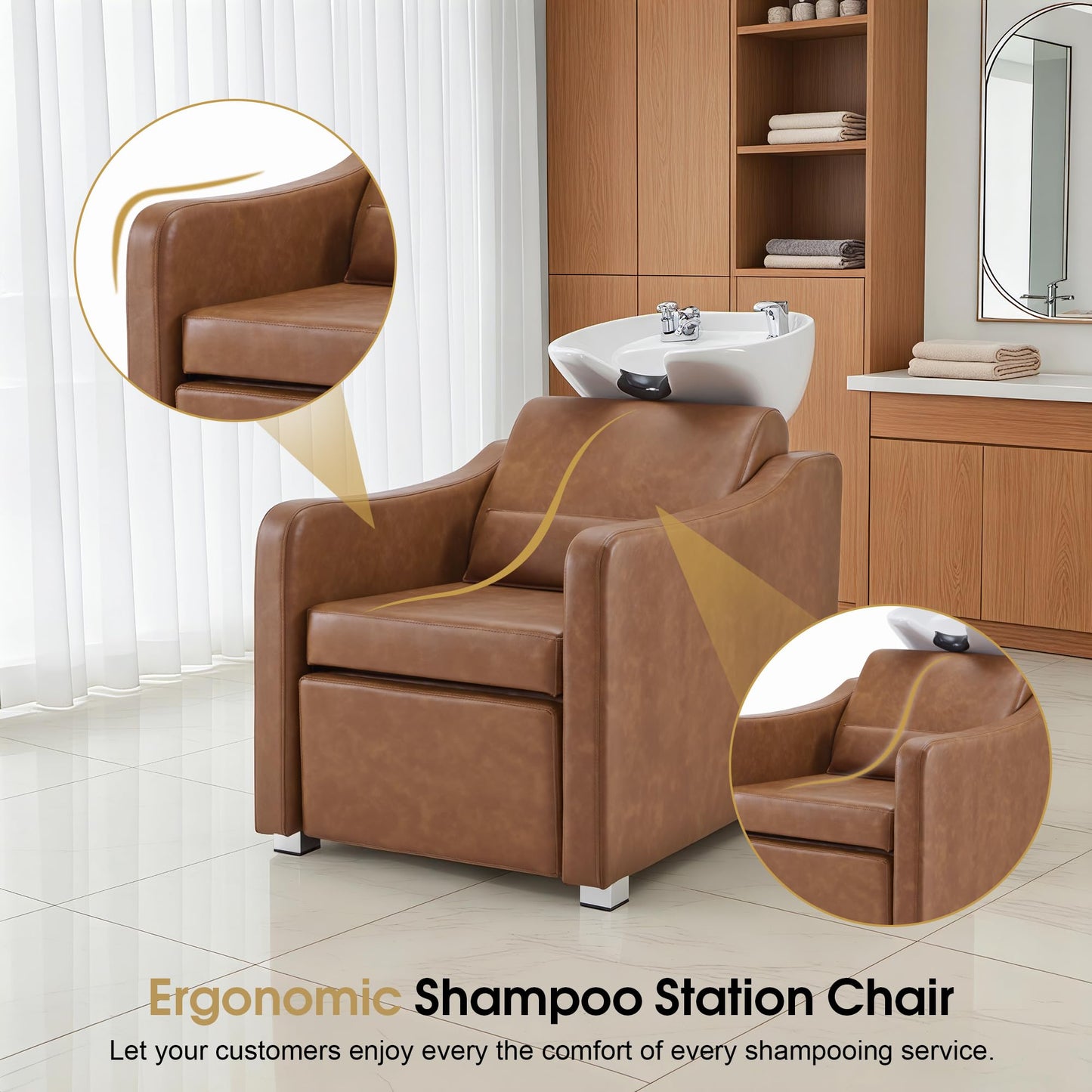 Lavender BarberPub Backwash Shampoo Station Chair, Adjustable Porcelain Ceramic Hair Wash Bowl with Chair, Shampoo Station for Barber Shop, Spa Beauty Salon Equipment 9364 (Brown)