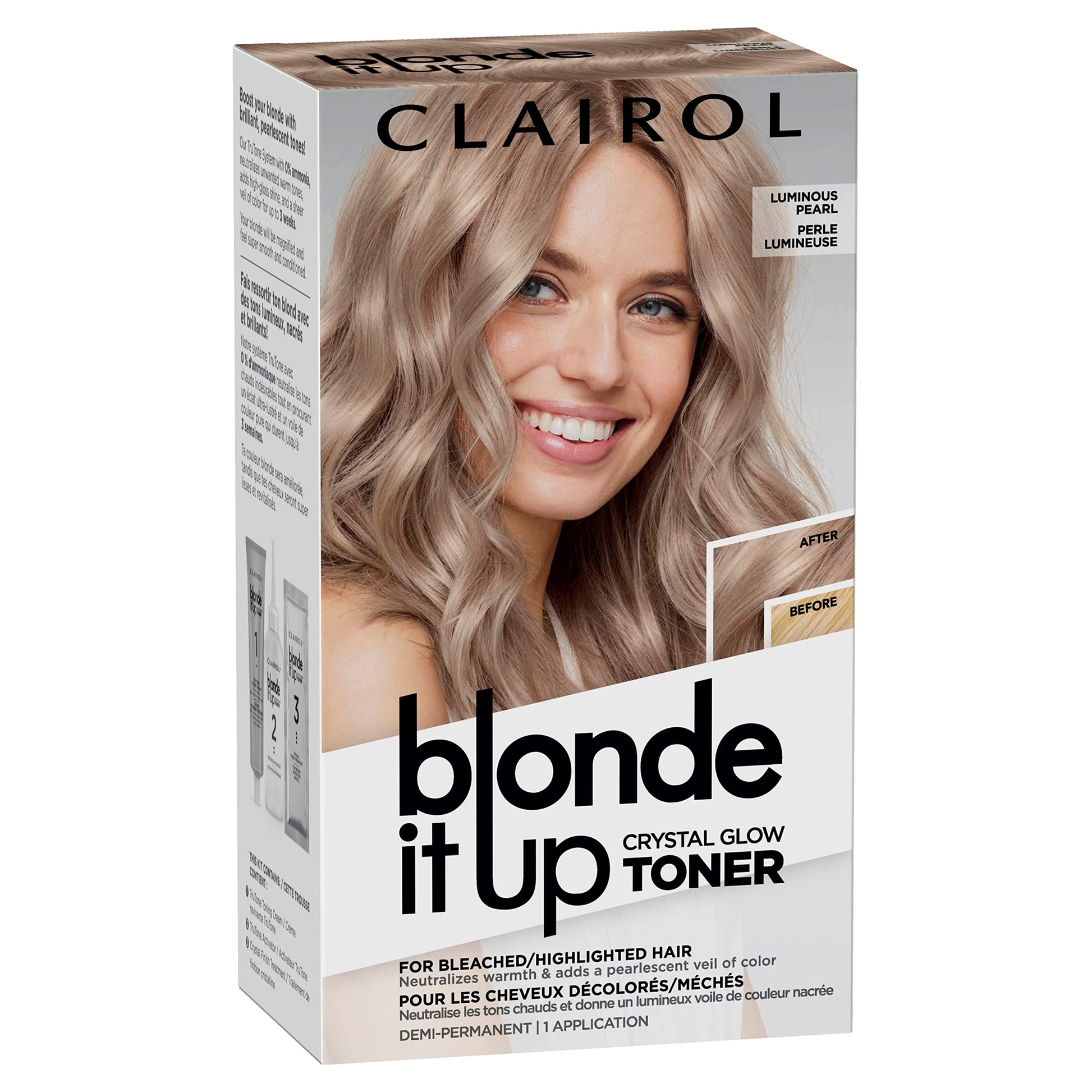 Light Gray Clairol Blonde It Up Crystal Glow Toners Demi-Permanent Hair Dye, Luminous Pearl Hair Color | Ammonia Free | Add Pearlescent Tones to Pre-Lightened Shades | Neutralizes Warmth | Pack of 1