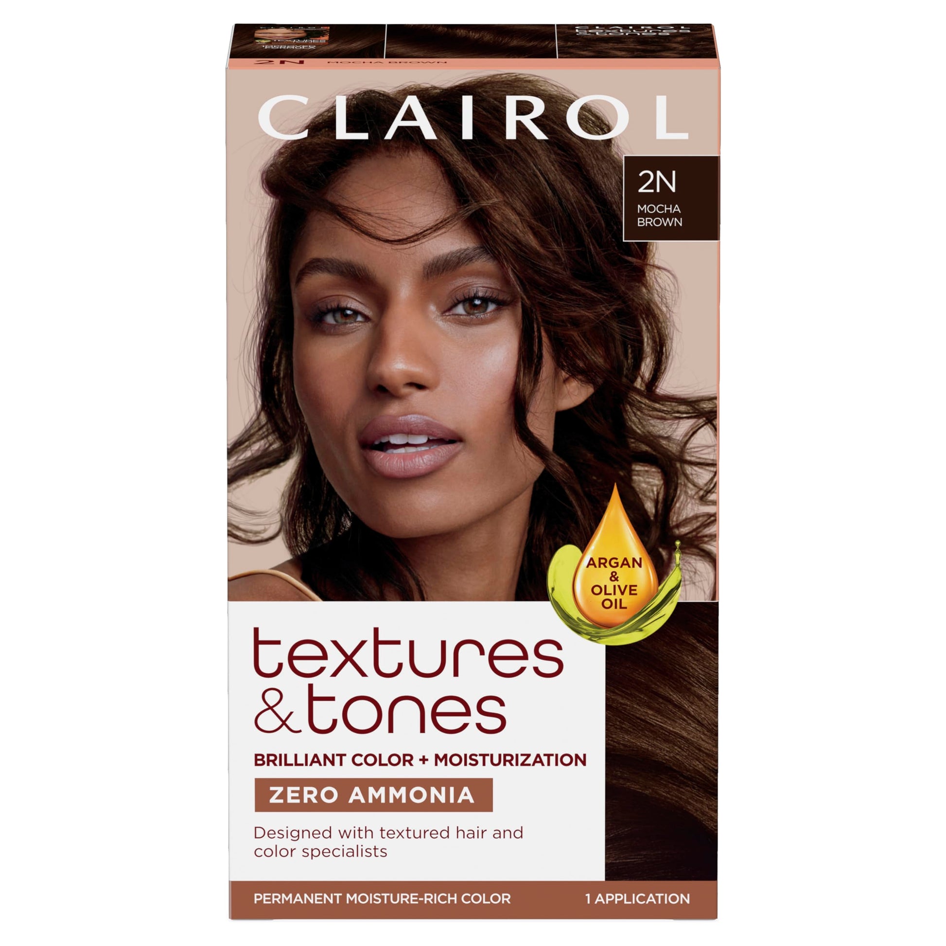 Black Clairol Textures & Tones Permanent Hair Dye, 2N Mocha Brown Hair Color| Ammonia Free | Moisture-Rich Formula with Argan, and Olive Oil for Brilliant Shine | Pack of 1