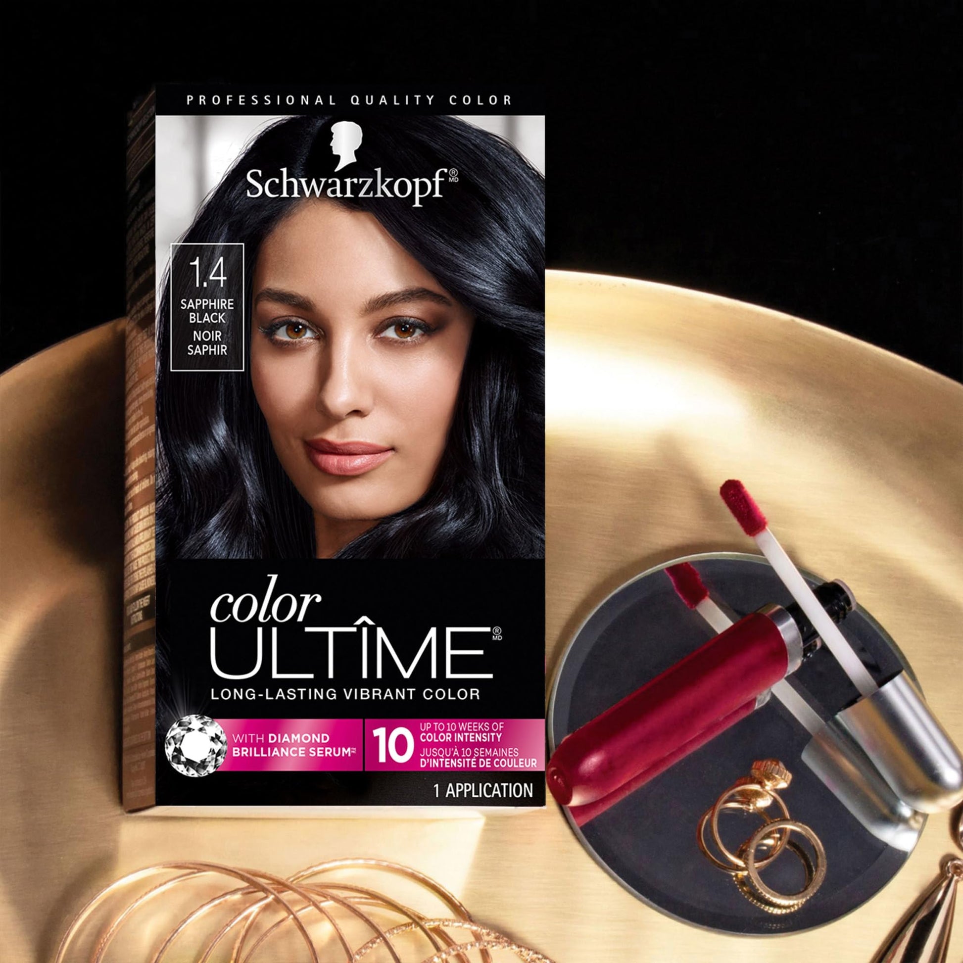 Black Schwarzkopf Color Ultime 1.4 Sapphire Black Hair Dye, Permanent Intense Black with Diamond Brilliance, Fade-Resistant, Covers Grays, All Hair Textures