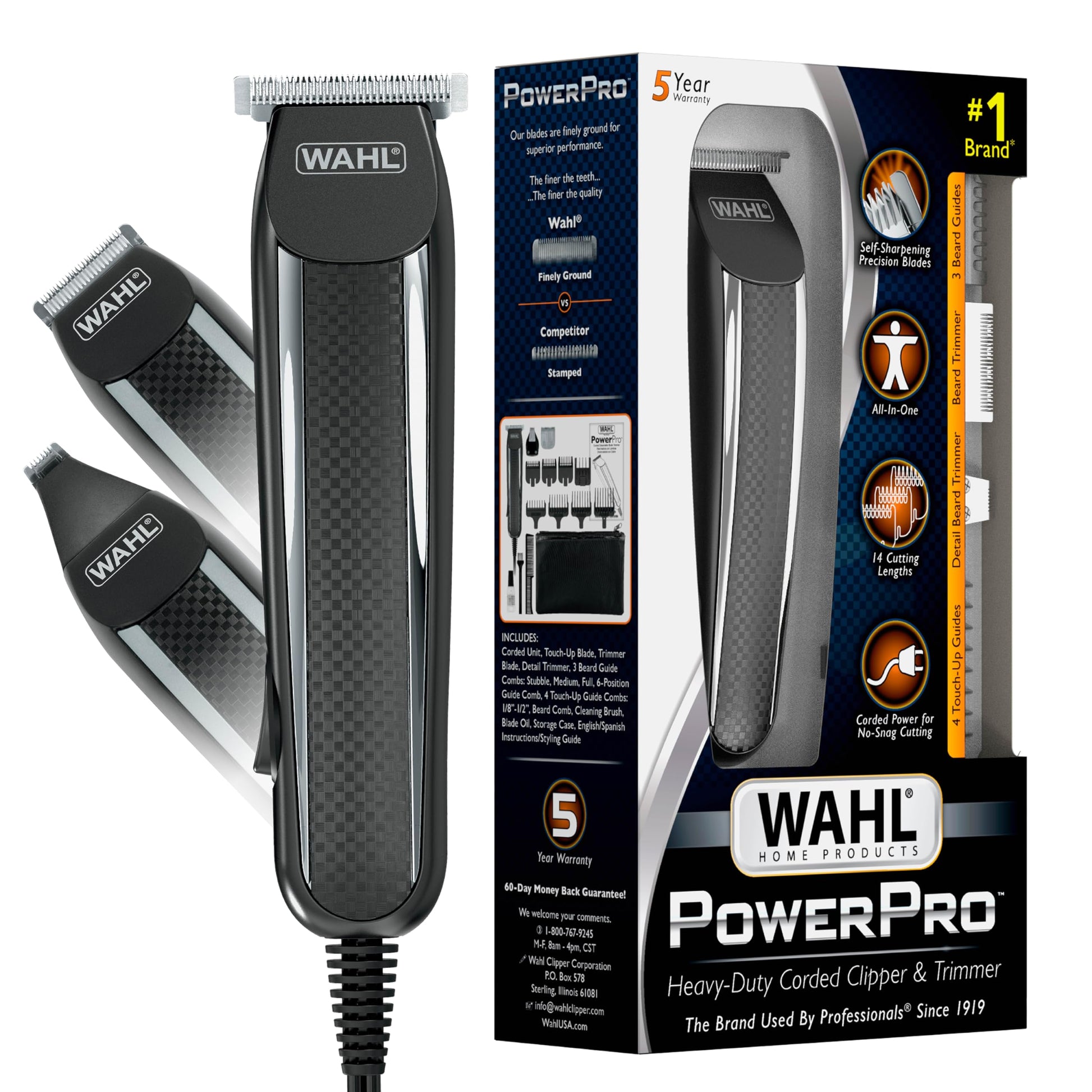 White Smoke Wahl PowerPro Corded Detailer Trimmer Kit for Mens Grooming – for Beard, Mustache, Stubble, Ear, Nose, & Body Grooming – Model 9686