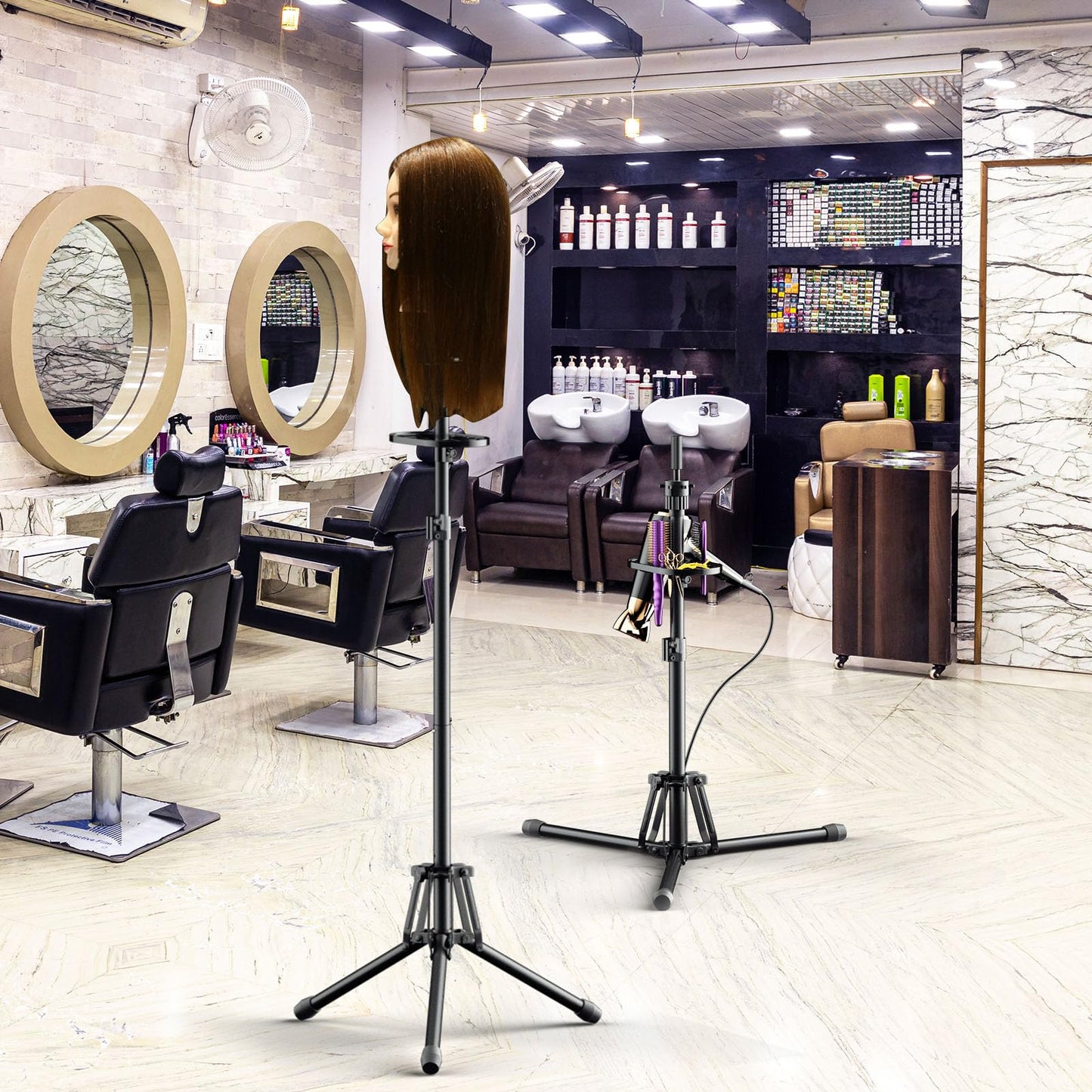 Seashell GSOW Wig Stand Tripod - Reinforced Metal Mannequin Head Stand with Tool Tray, Adjustable Height 31" - 57" Wig Head Stand for Styling Cosmetology Hairdressing Training with Wig Caps T-Pins Hair Clips