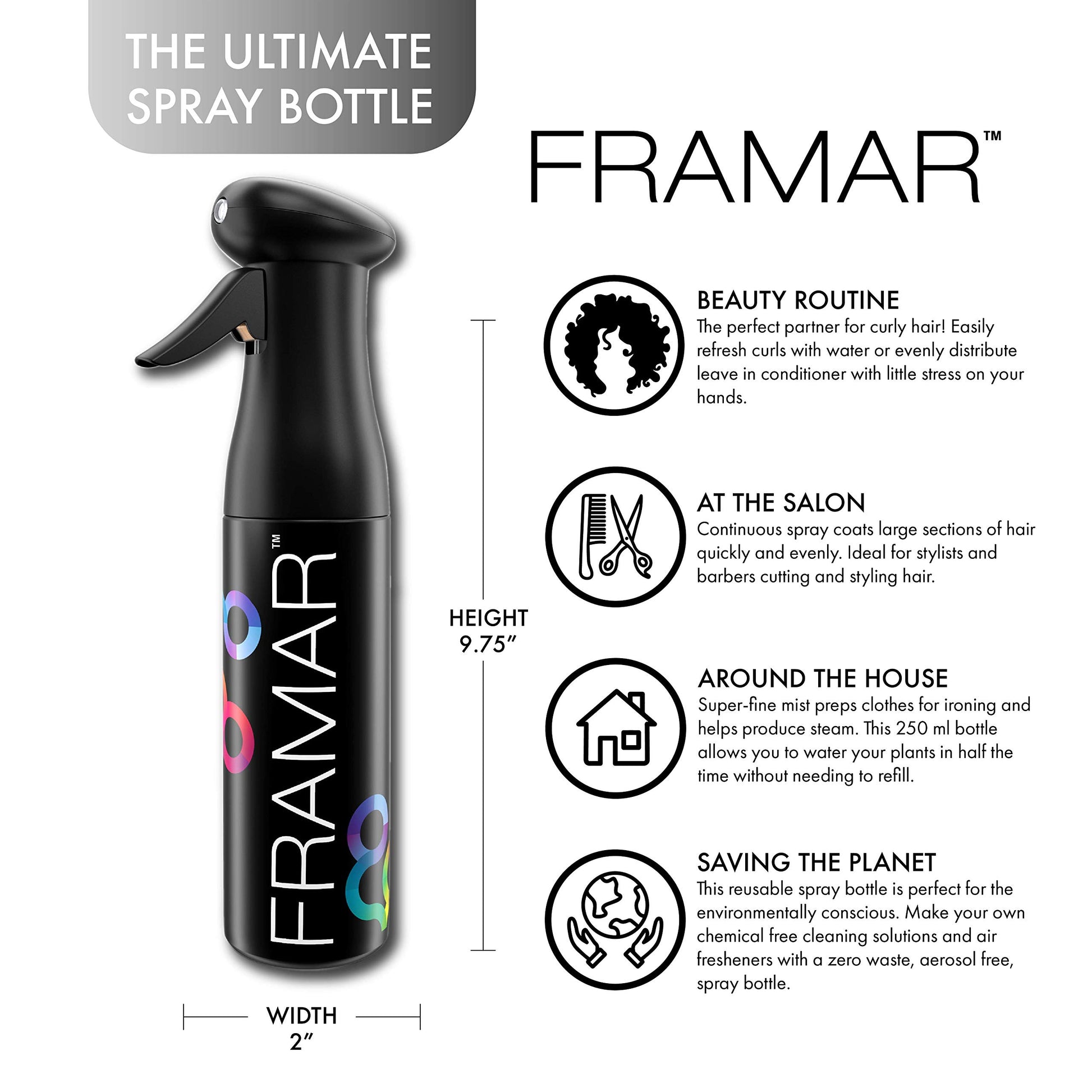 White Smoke FRAMAR Premium Hair Mister Spray Bottle – Continuous Spray Bottle For Hair, Water Sprayer, Continuous Mister for Salon Supplies – Ultra Fine Mist – Black 250 ml