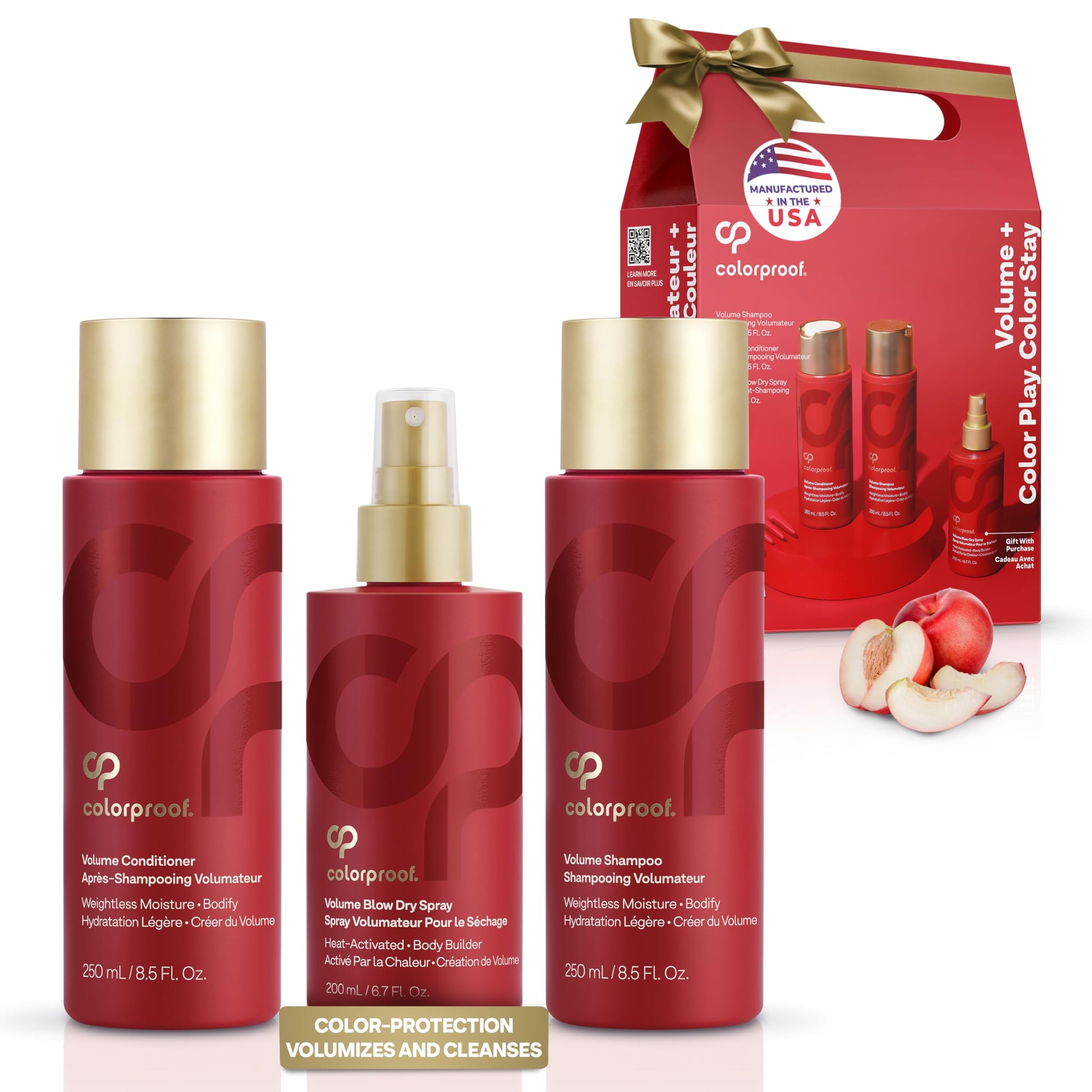 White Smoke Colorproof Volume Holiday Gift Set — Volume Shampoo (8.5 Fl. Oz.), Volume Conditioner (8.5 Fl. Oz.), and Volume Blow Dry Spray Primer (6 Fl. Oz.) — White Nectarine Scent