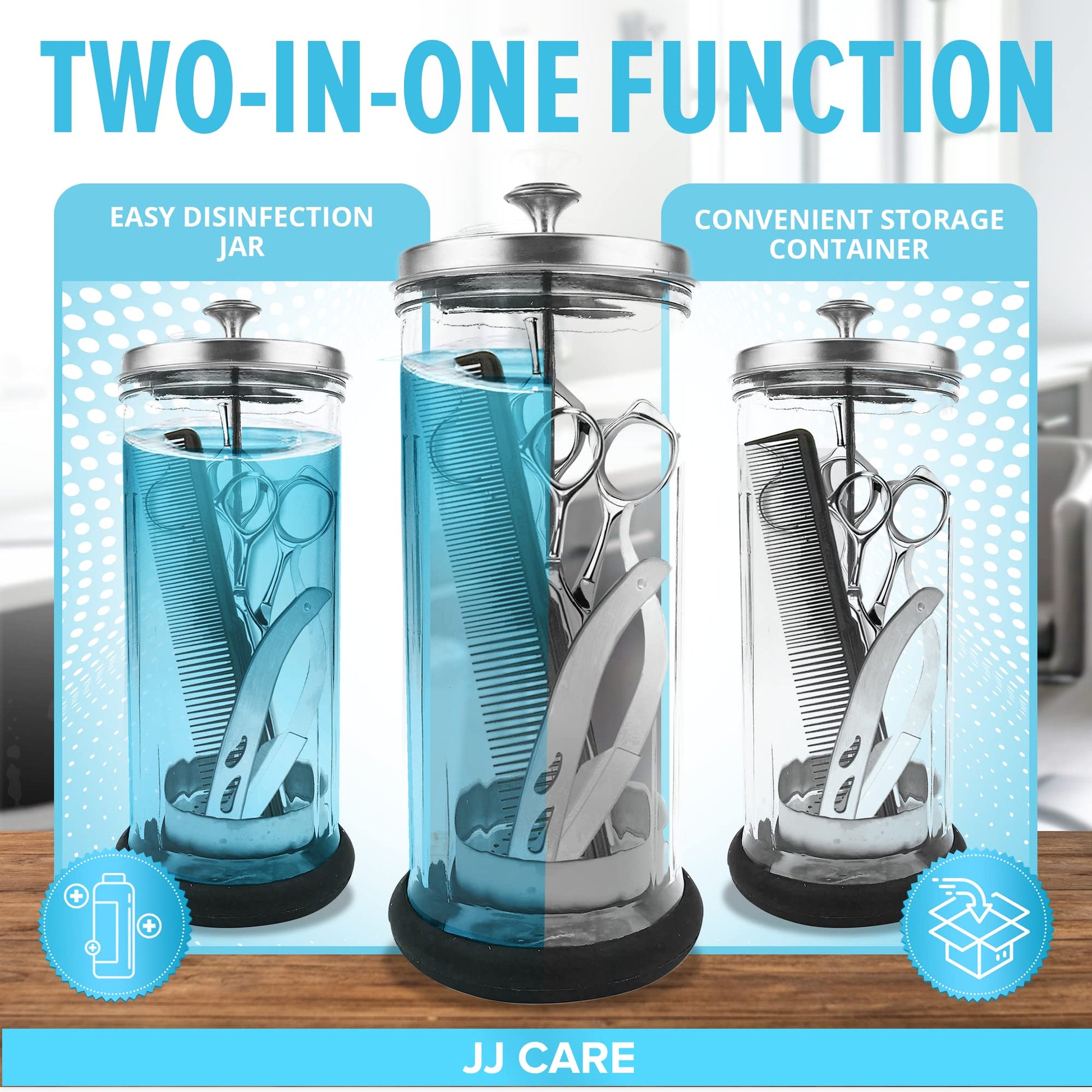 White Smoke JJ CARE Disinfectant Jar (42oz) - Barber Disinfectant Jar Glass, Sanitizer Container w/Stainless Steel Removable Strainer & Cap for Manicure, Salon, Spa and Barber Tools - Silver Lid