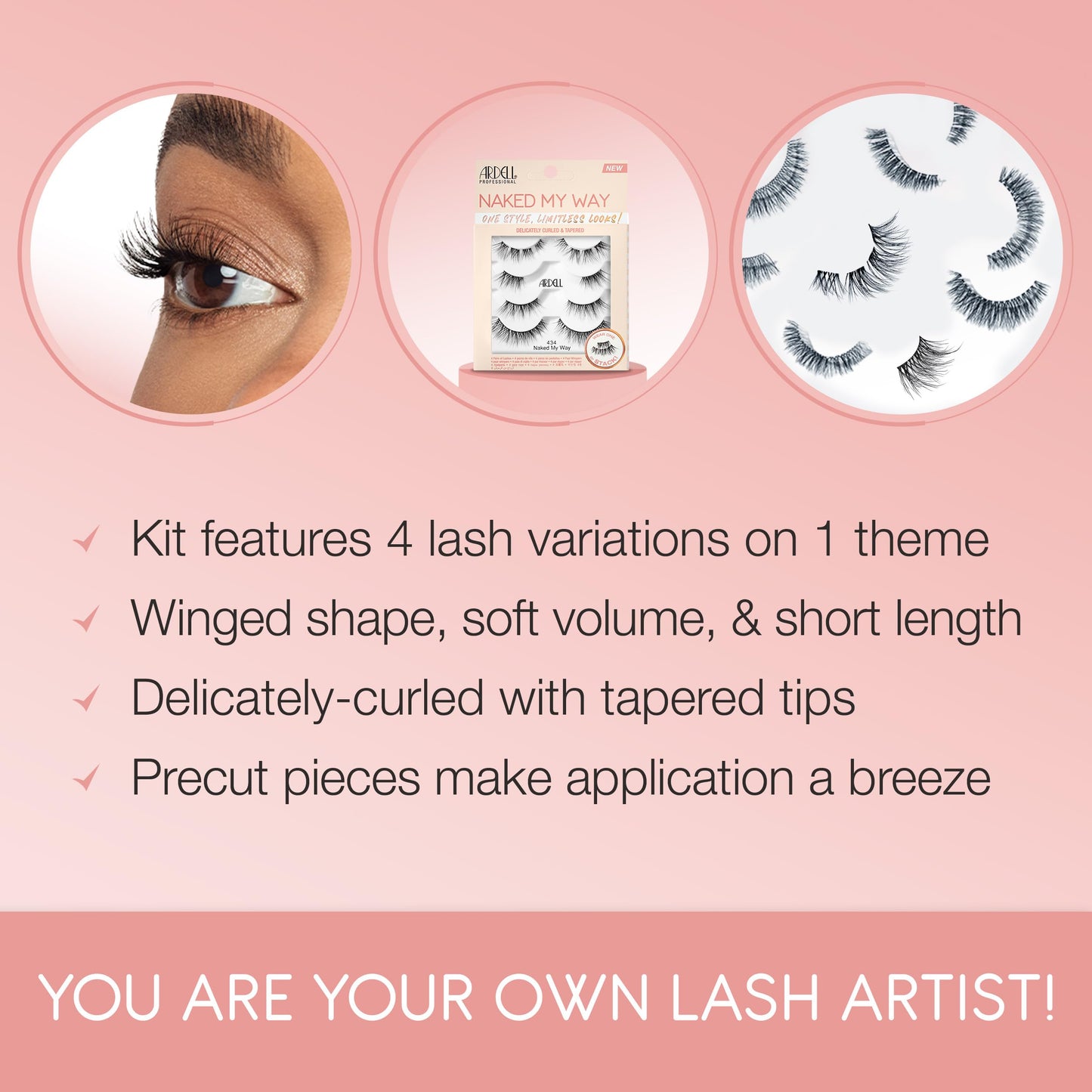Misty Rose Ardell False Eyelashes Naked My Way 434 - Natural Look, Soft and Lightweight Strip Lashes, 4 Pairs, 1 Pack