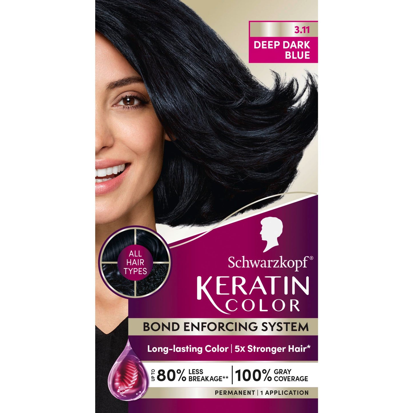 Black Schwarzkopf Keratin Permanent Hair Dye Cream, 3.11 Deep Dark Blue, Professional Quality Color for Up to 100% Gray Coverage, Bond Enforcing System