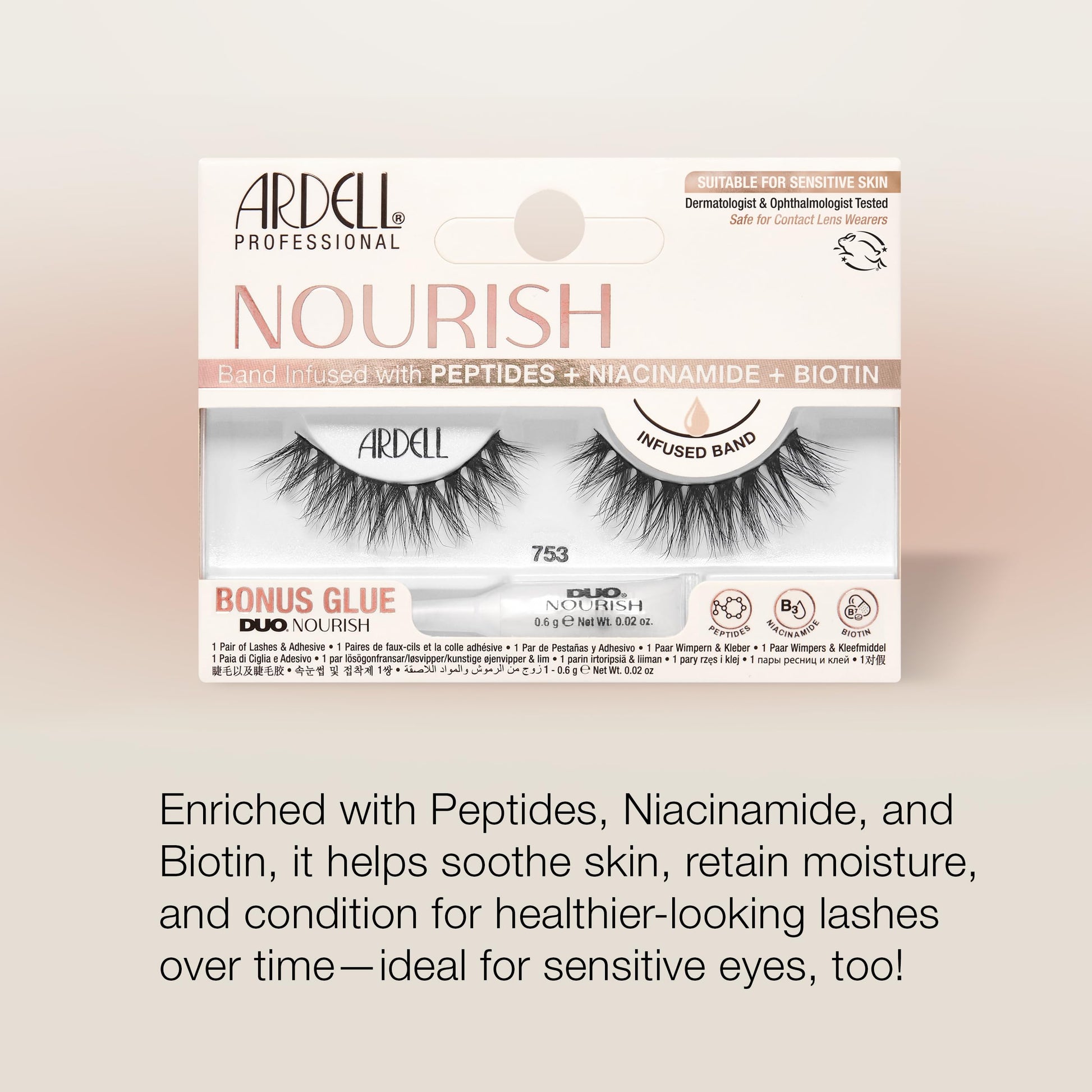 Light Gray Ardell Nourish Lashes 753 – Wispy Natural False Eyelashes with Peptides & Biotin Infused Band, Lash Glue Included, Fluffy Strip Lashes for Sensitive Eyes