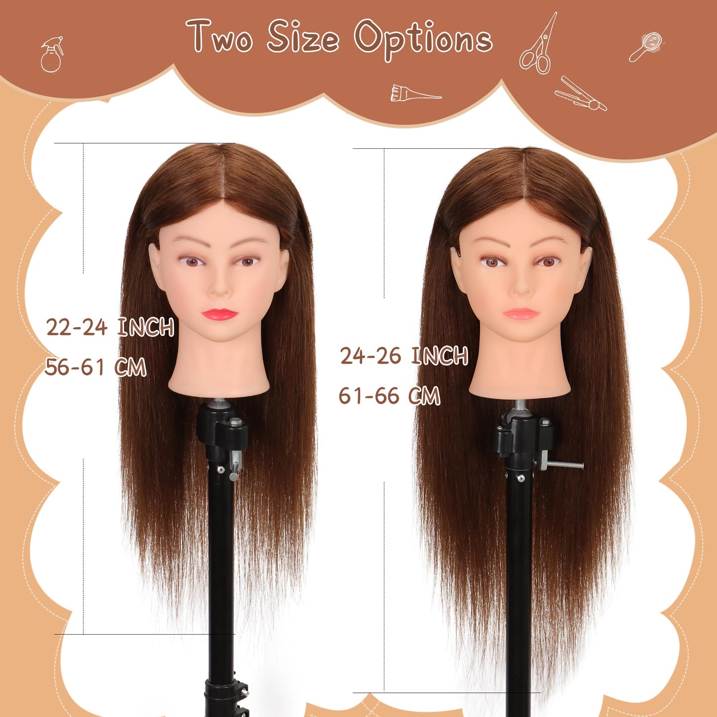 White Smoke Mannequin Head with 100% Real Human Hair 22"-24", Cosmetology Mannequin Head for Hairdresser Practice Braiding, Styling, Cutting and Hair Training（Dark Brown）