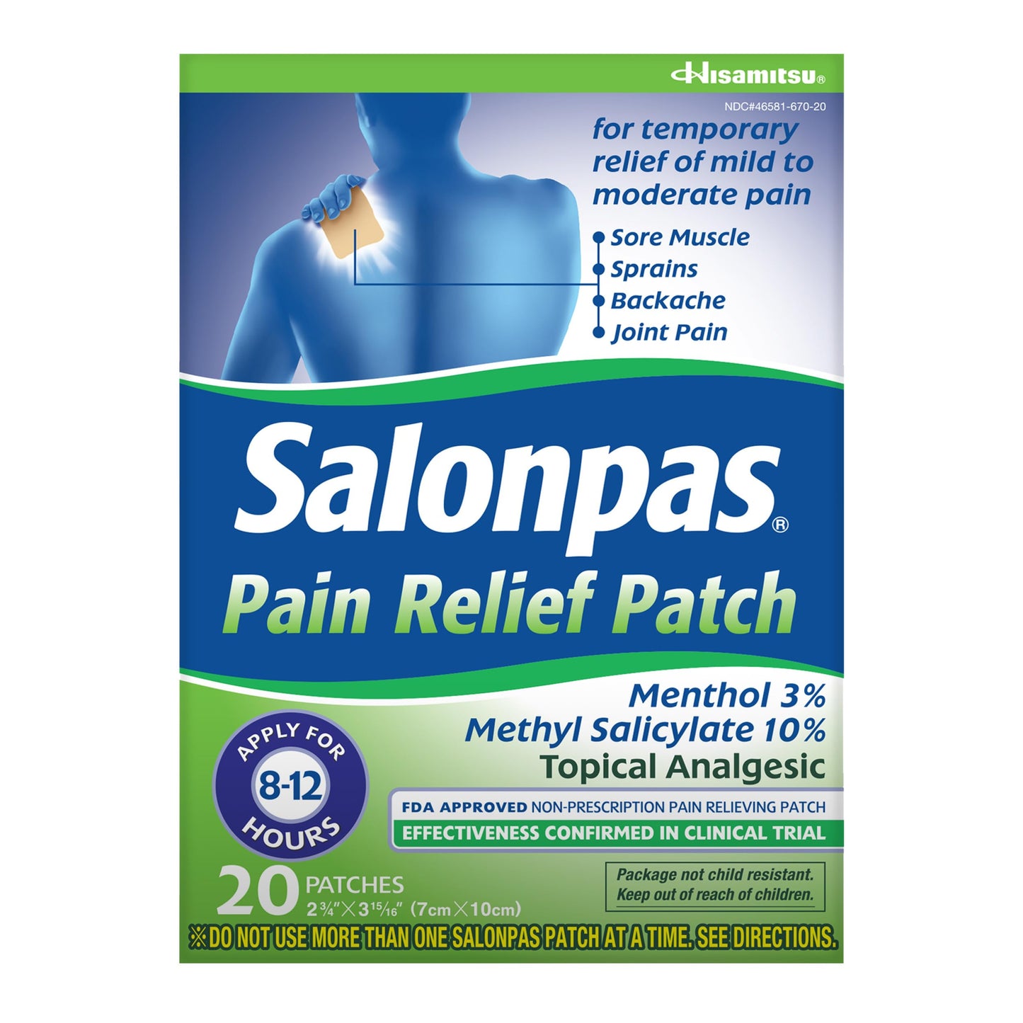 Alice Blue Salonpas Pain Relief Patch, 20 Count (Pack of 1), Up to 12 Hours Temporary Relief of Mild to Moderate Pain, Backache, Sore Muscle, Sprains, Bruises