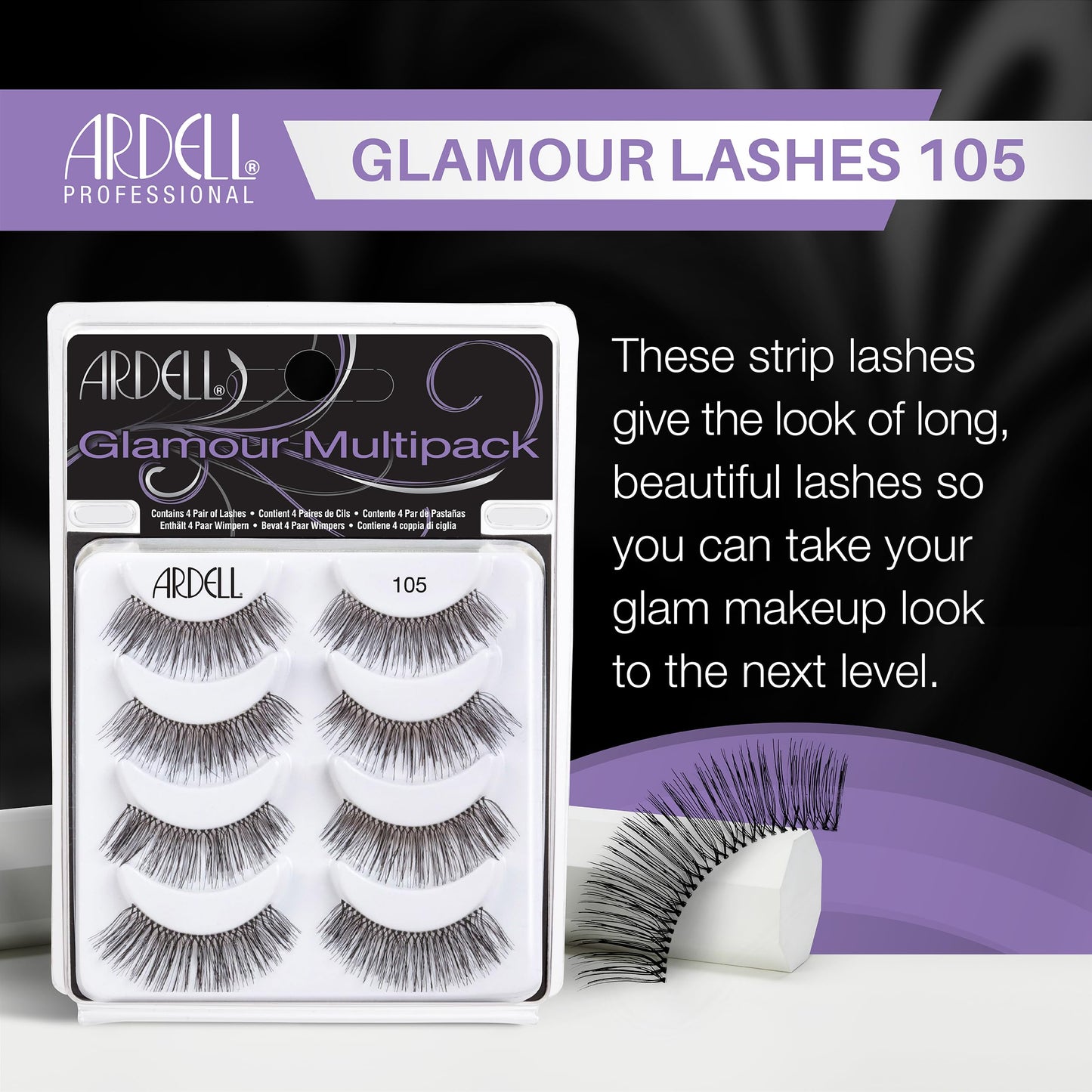 Black Ardell False Eyelashes Glamour Multipack 105 - Lightweight, Natural Looking Strip Lashes, Reusable Fake Lashes, 4 Pairs, 1 Pack