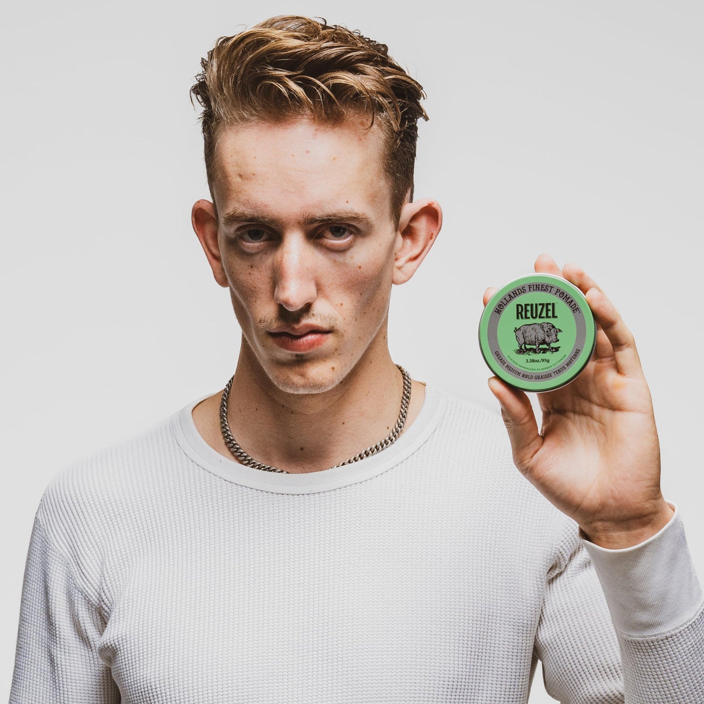Light Gray REUZEL Green Grease Pomade, Medium All Day Hold, Oil-Based Styling Wax, Medium Shine, Easy To Wash Out, For All Hair Types