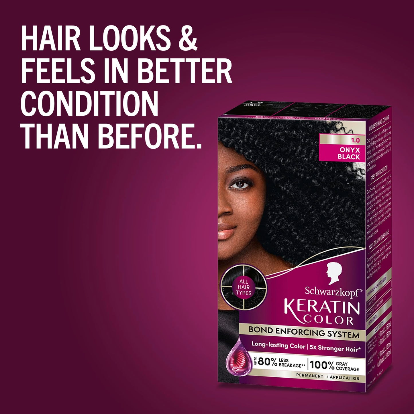 Dark Red Schwarzkopf Keratin Permanent Hair Dye Cream, 1.0 Black Onyx, Professional Quality Color for Up to 100% Gray Coverage, Bond Enforcing System