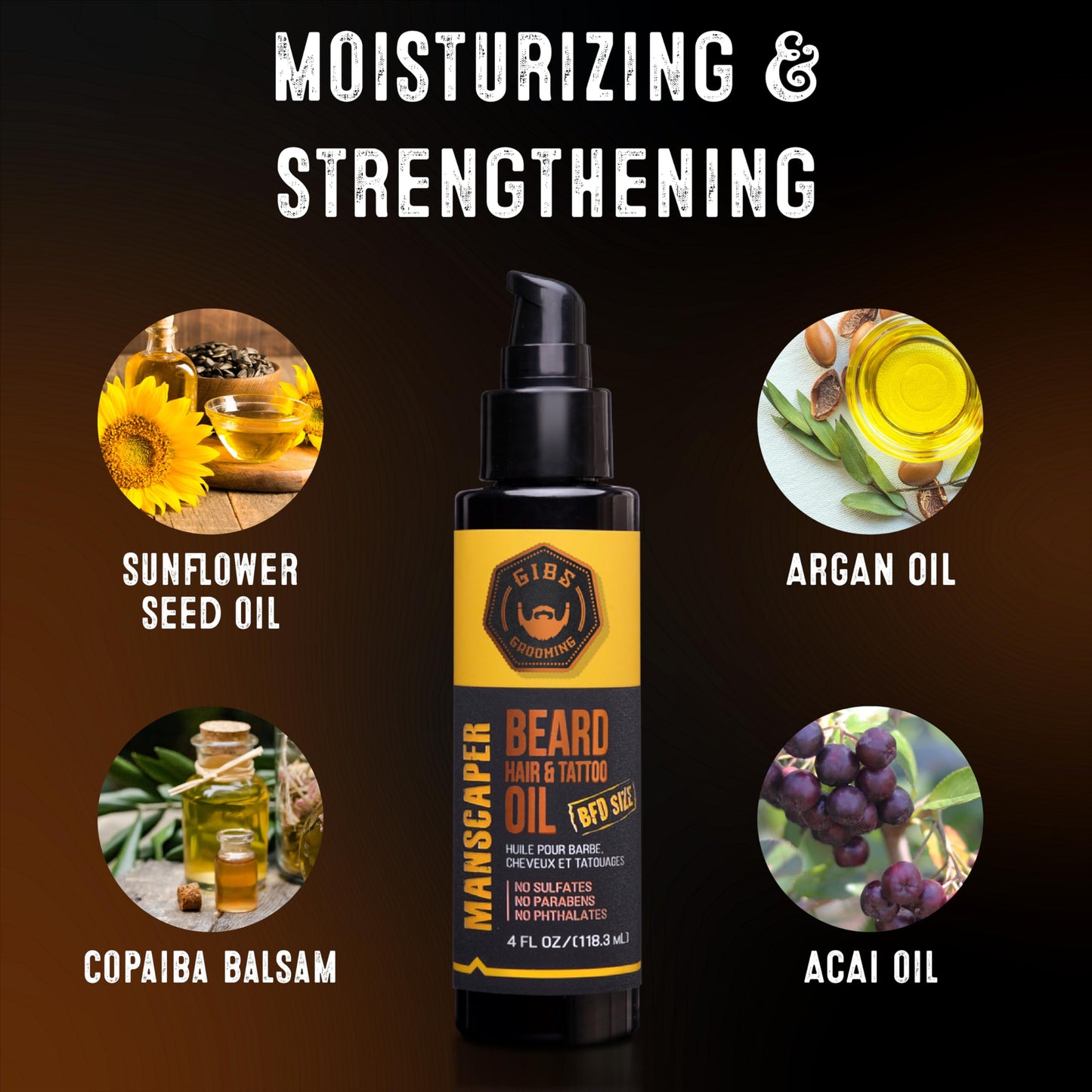 Black GIBS Grooming - Alpha Male Beard, Hair & Tattoo Oil (1 fl oz) - Softens, Strengthens, Protects - Skin Moisturizer - Vitamin C - UV Shield - Travel Size - Beard Oil, Hair Care, Skin Care - Made in USA
