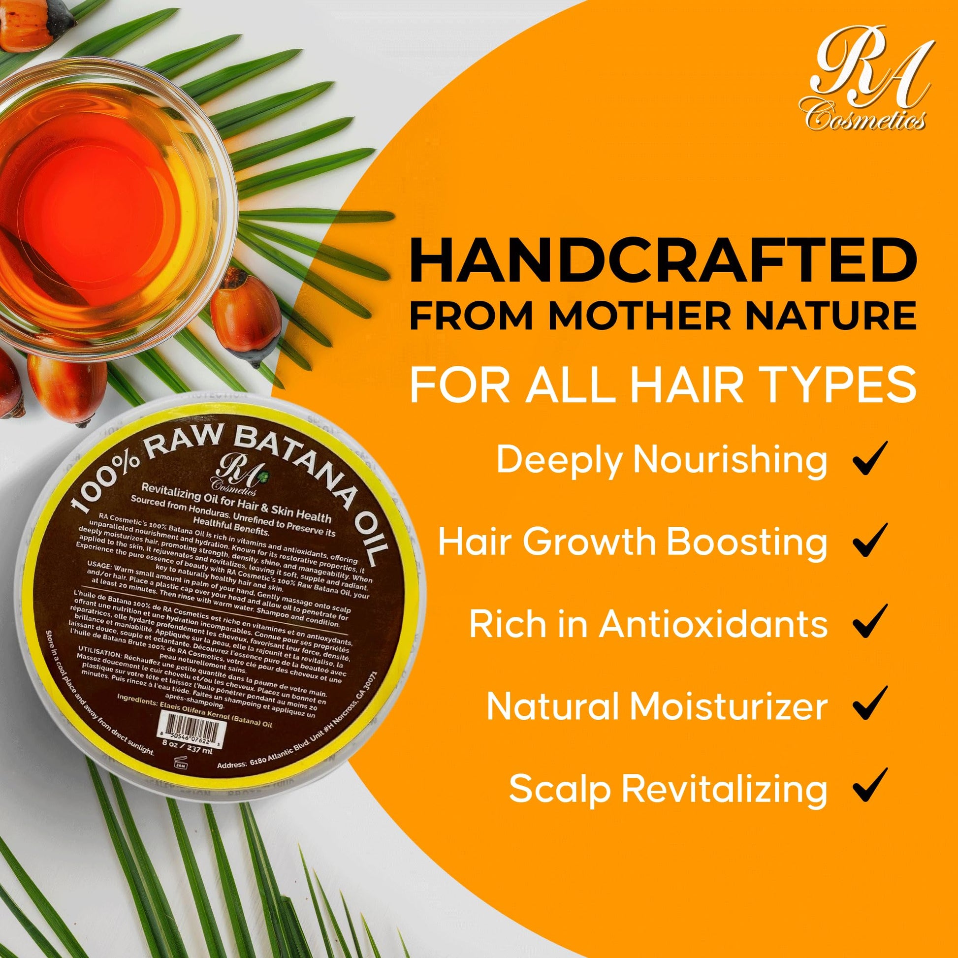 Dark Orange RA COSMETICS 100% Natural Unrefined Batana Hair Oil for Healthy Hair, 16 oz | Dr Sebi Batana Oil Hair Moisturizer for Damaged Hair Repair| Strengthening and Nourishing Hair Conditioner