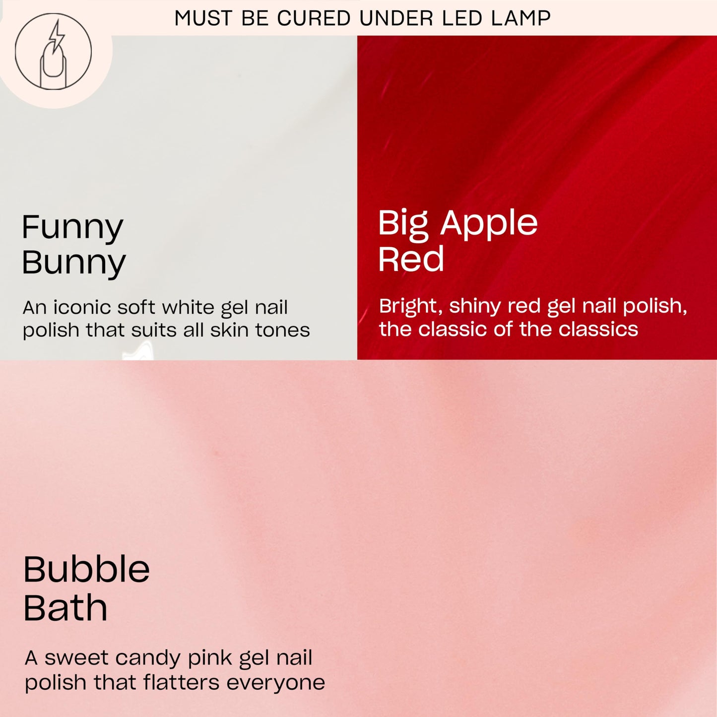 Light Pink OPI GelColor Iconic Shades Gel Nail Polish Trio Bundle | Funny Bunny, Sheer Soft White + Bubble Bath, Sheer Nude Pink + Big Apple Red, Opaque Bright Red Crème UV Cure Gel Nail Polish Colors