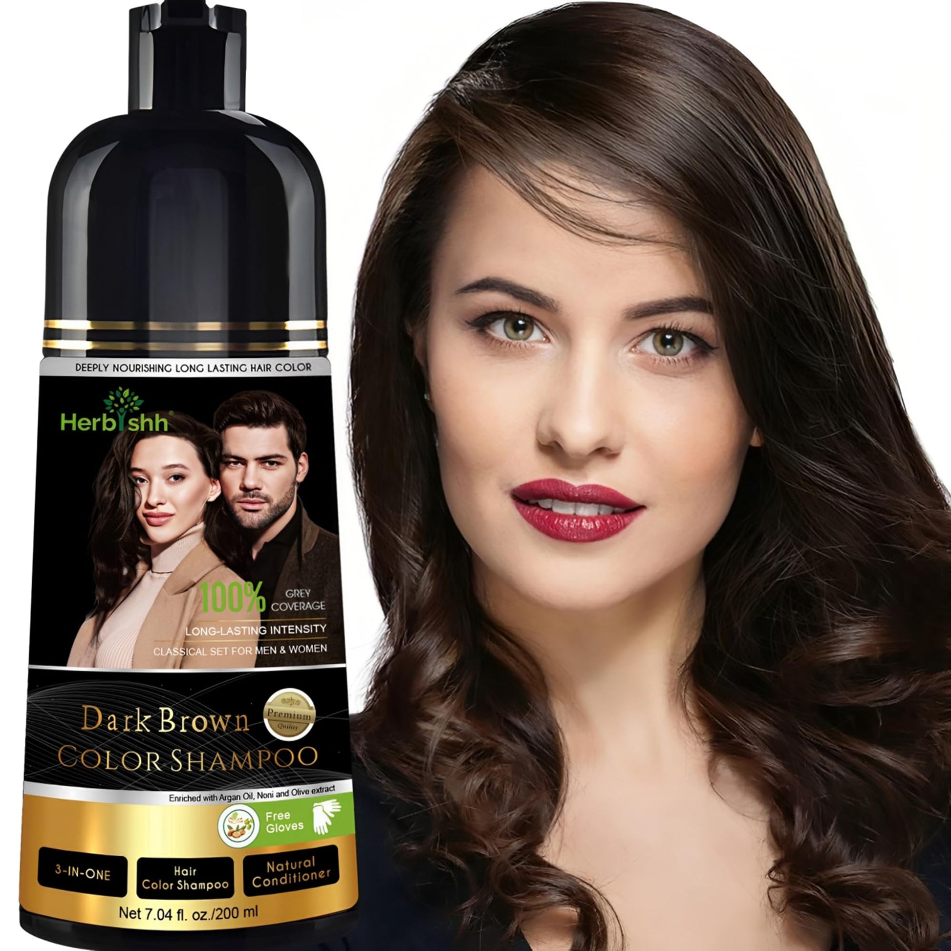 White Smoke Herbishh Dark Brown Shampoo, Hair Dye Shampoo 3 in 1, 100% Grey Coverage, Hair Color for Men & Women, Long-lasting Color in 20-25 Mins, Ammonia-free, 200 ml