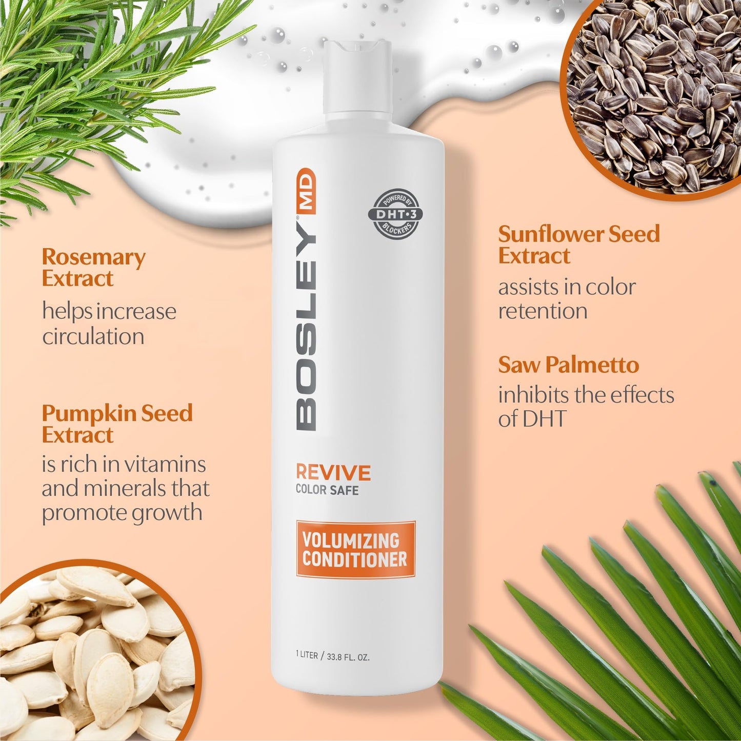 Peach Puff BosRevive Volumizing Conditioner for Thinning, Color/Chemically-Treated Hair – DHT Blocker, Sulfate-Free, Vegan, Biotin, Saw Palmetto & Rosemary – Thicker, Fuller Hair – 33.8 Fl Oz.