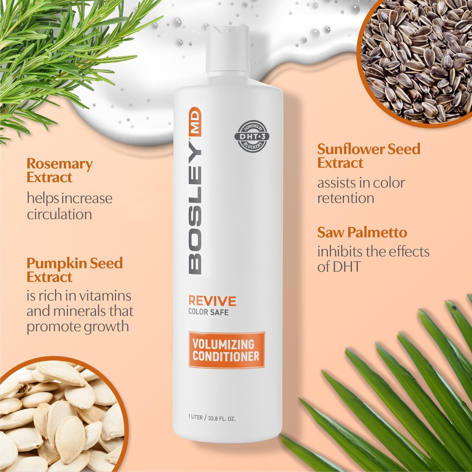 Peach Puff BosRevive Volumizing Conditioner for Thinning, Color/Chemically-Treated Hair – DHT Blocker, Sulfate-Free, Vegan, Biotin, Saw Palmetto & Rosemary – Thicker, Fuller Hair – 33.8 Fl Oz.