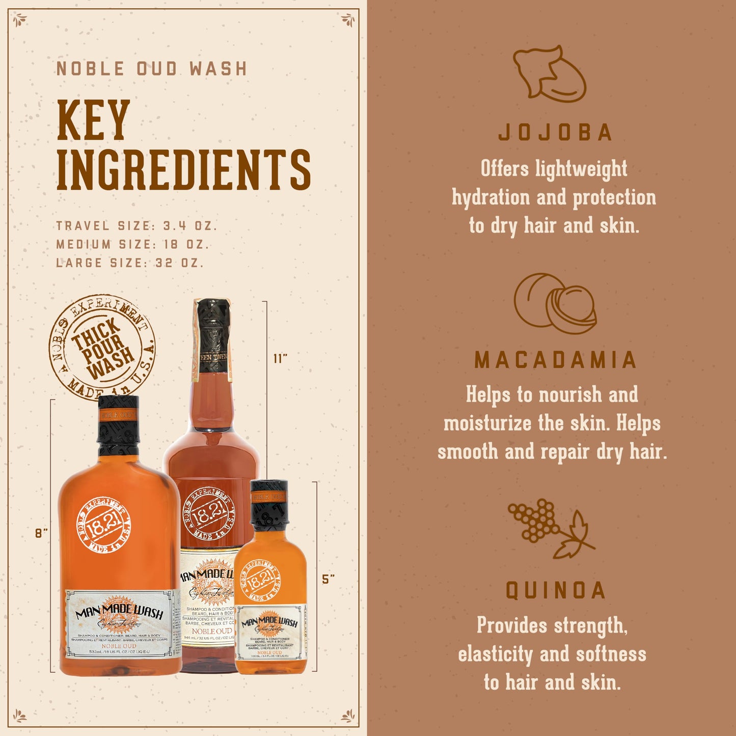 Rosy Brown 18.21 Man Made Original Noble Oud 3-in-1 Body Wash, Shampoo, & Conditioner for Men, All Hair & Skin Types, Strengthens and Moisturizes in a Manly Aroma, 18oz