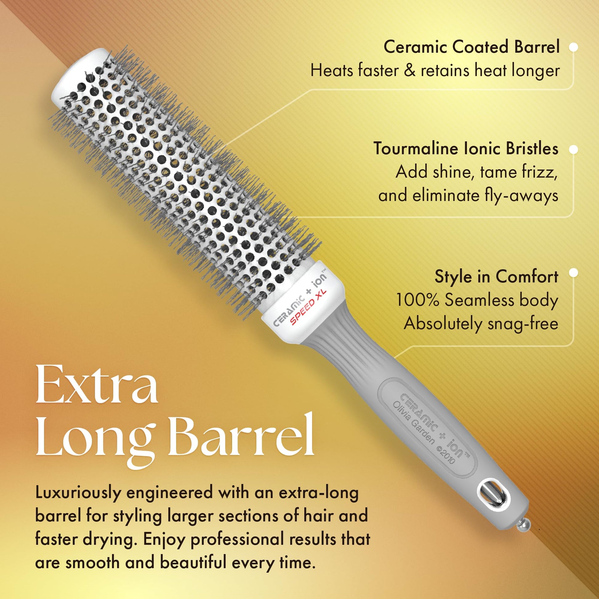 Sandy Brown Olivia Garden Ceramic + Ion Speed XL - Extra-Long Round Thermal Hair Brush - Not Electrical - Professional Blowout Brush for Normal to Thick Hair - 1 3/8"- Diameter Barrel - CIXL-35