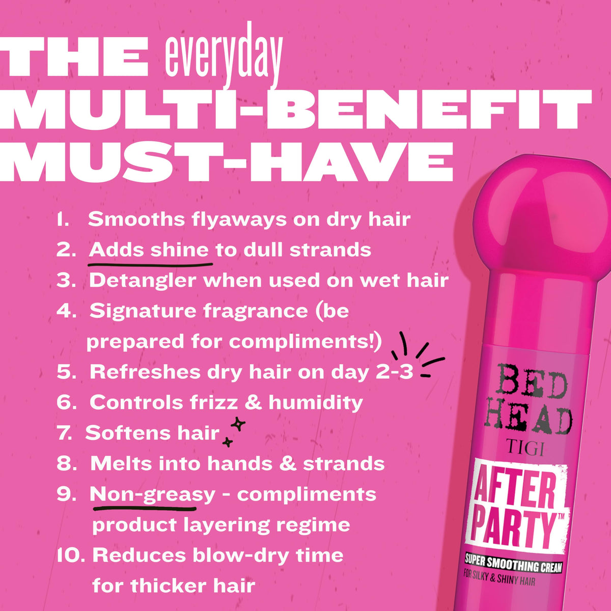 Hot Pink TIGI Bed Head After Party Super Smoothing Cream – Anti Frizz Hair Styling Product, Humidity Protection for Frizzy, Dull, or Coarse Hair, 3.38 fl oz