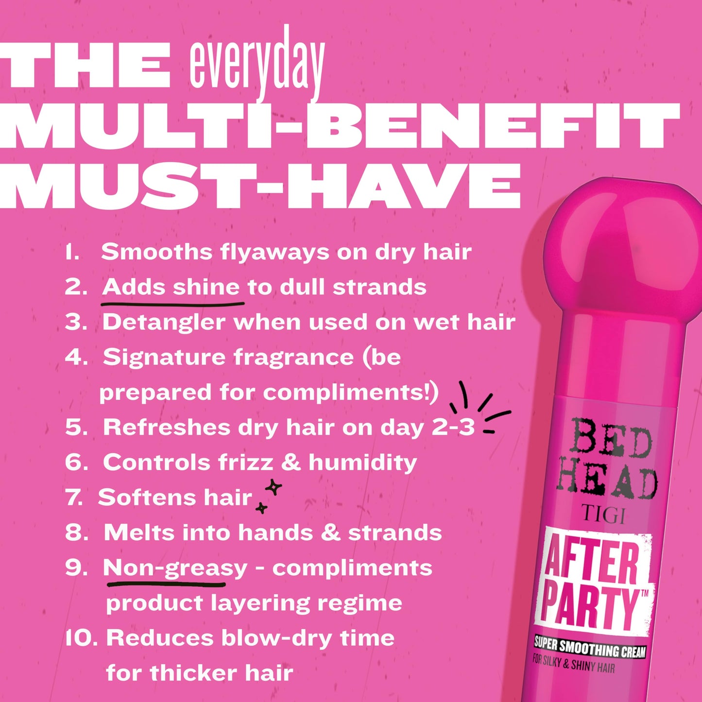 Hot Pink TIGI Bed Head After Party Super Smoothing Cream – Anti Frizz Hair Styling Product, Humidity Protection for Frizzy, Dull, or Coarse Hair, 3.38 fl oz