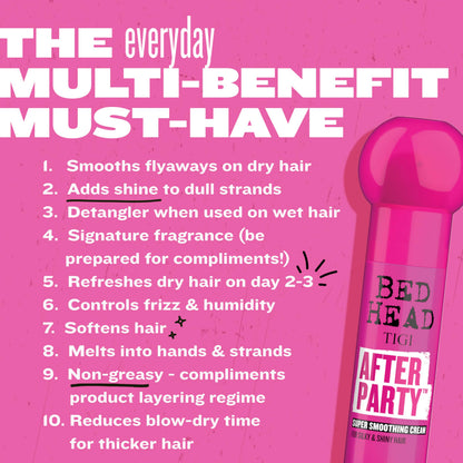 Hot Pink TIGI Bed Head After Party Super Smoothing Cream – Anti Frizz Hair Styling Product, Humidity Protection for Frizzy, Dull, or Coarse Hair, 3.38 fl oz