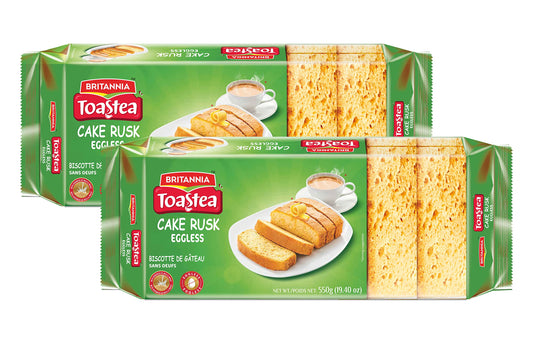 White Smoke Britannia Toastea Eggless Rusk Cake 19.40oz (550g) - Delightfully Smooth, Soft, and Delicious Breakfast & Tea Time Snacks Suitable for Vegetarians (Pack of 2)