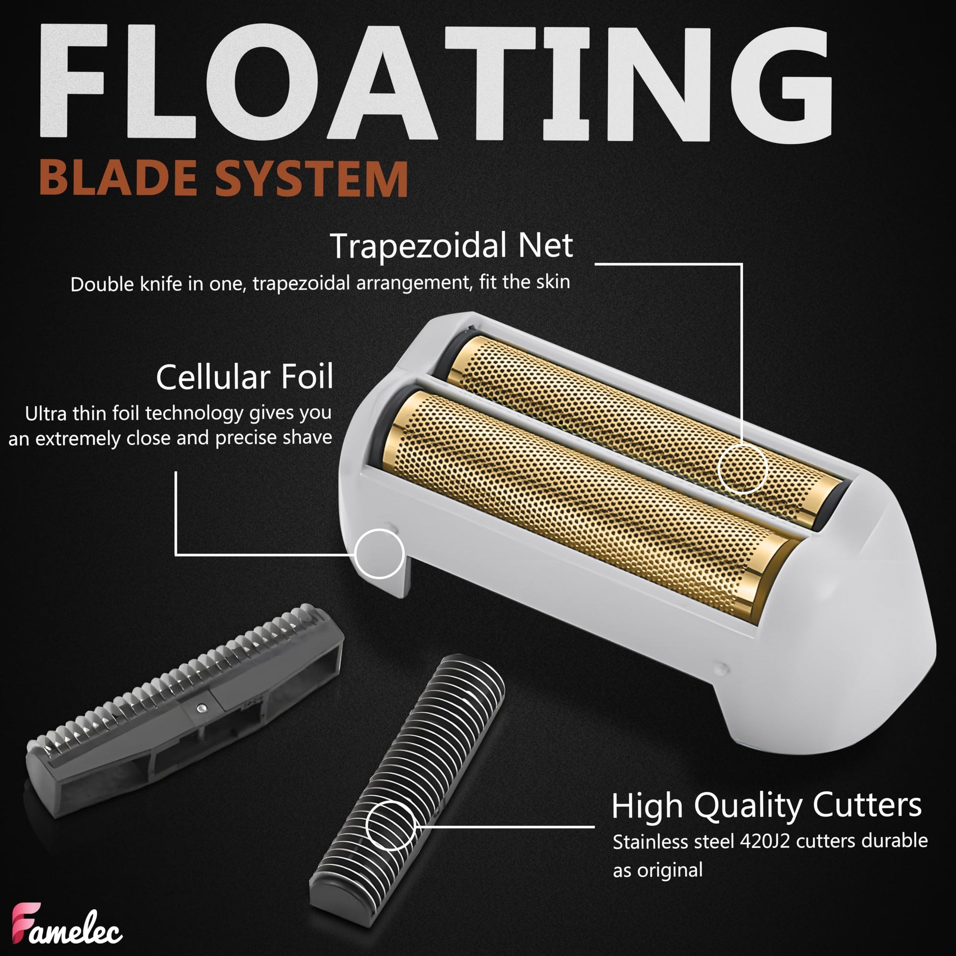 Black FAMELEC Replacement Heads for Andis Shaver Pro-Foil & Lithium - Super Soft Gold Titanium Cutters for Andis Foil Shaver Replacement TS1 17150 17235 17220 TS2 17200, Compatible with Razor Blades