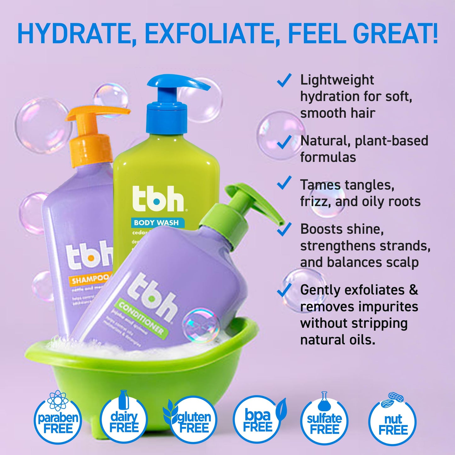 Thistle TBH Kids & Teen Hair and Body Care Set – Shampoo, Conditioner & Body Wash with Natural Ingredients – Sulfate & Paraben Free – Gentle for All Hair & Skin Types – 3 Pk, 12 oz Each – Plus Free Body Mist