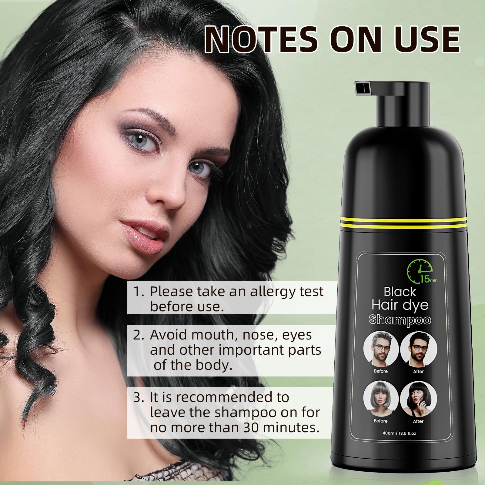 Black COSMTEK Black Hair Dye Shampoo, Semi-Permanent Hair Color Shampoo for Women and Men, Herbal Ingredients and No Ammonia, 3 in 1-100% Grey Coverage 400ml/ 13.5 fl.oz