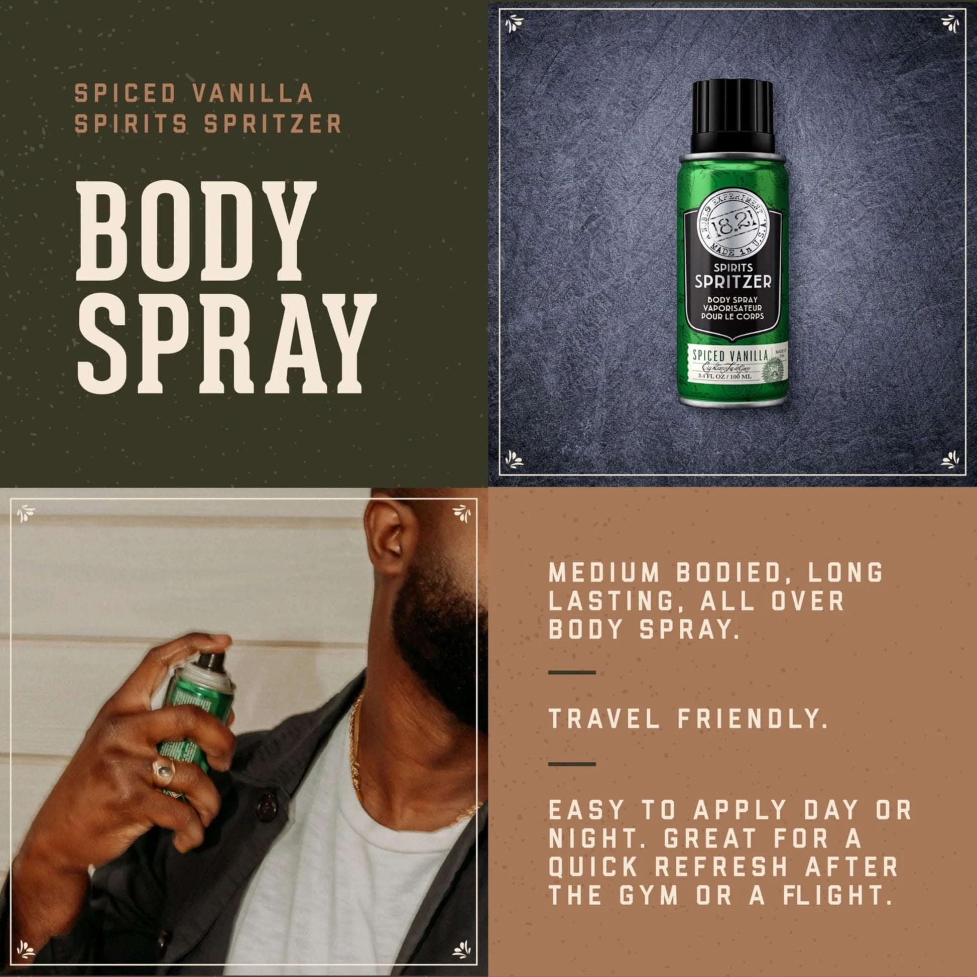 Sienna 18.21 Man Made Men’s Spirits Spritzer Spiced Vanilla Fragrance, 3.4 oz. - Luxurious Long-Lasting All Over Body Spray with Masculine Aromatics - Premium Men Care Products - Gifts for Him