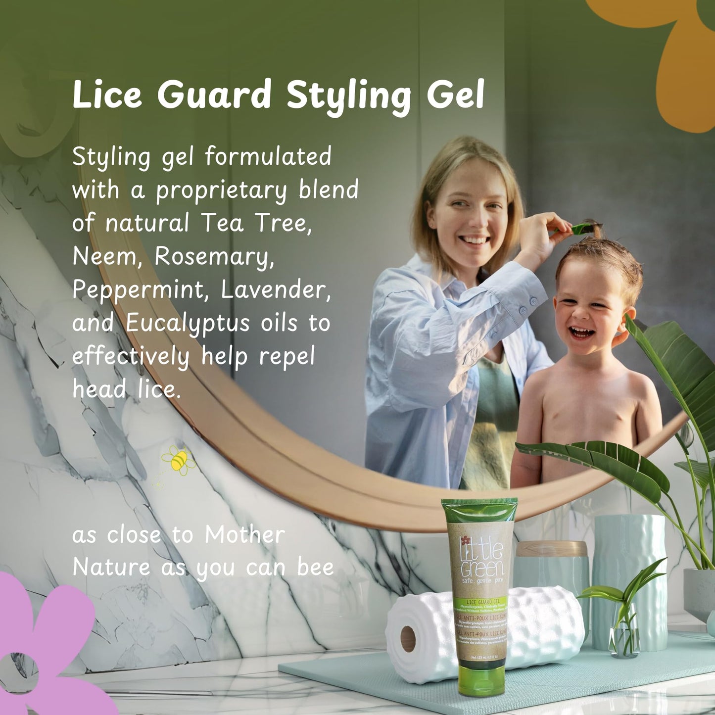 Dark Olive Green Little Green Kids Lice Guard Hair Styling Gel, Hair Styling Cream for Kids, Lice Prevention Cream, Contains Tea Tree Oil, 4.2oz