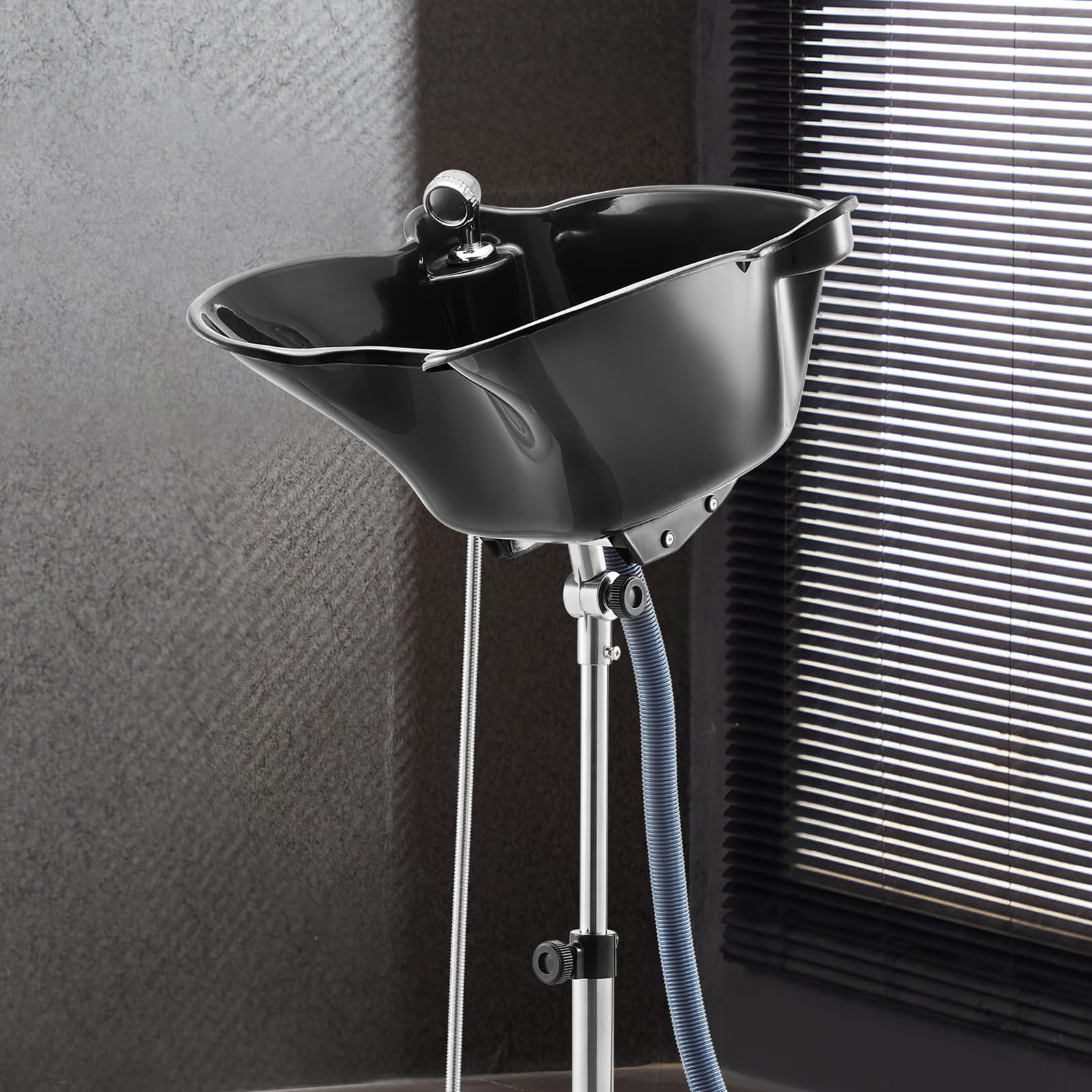 Dark Slate Gray VEVOR Portable Shampoo Bowl, Deep Shampoo Sink with Adjustable Height & Angle, Includes Drain Hose, Shower Head, Lightweight Hair Wash Basin for Barber Salon Spa Center & Home Use, Black