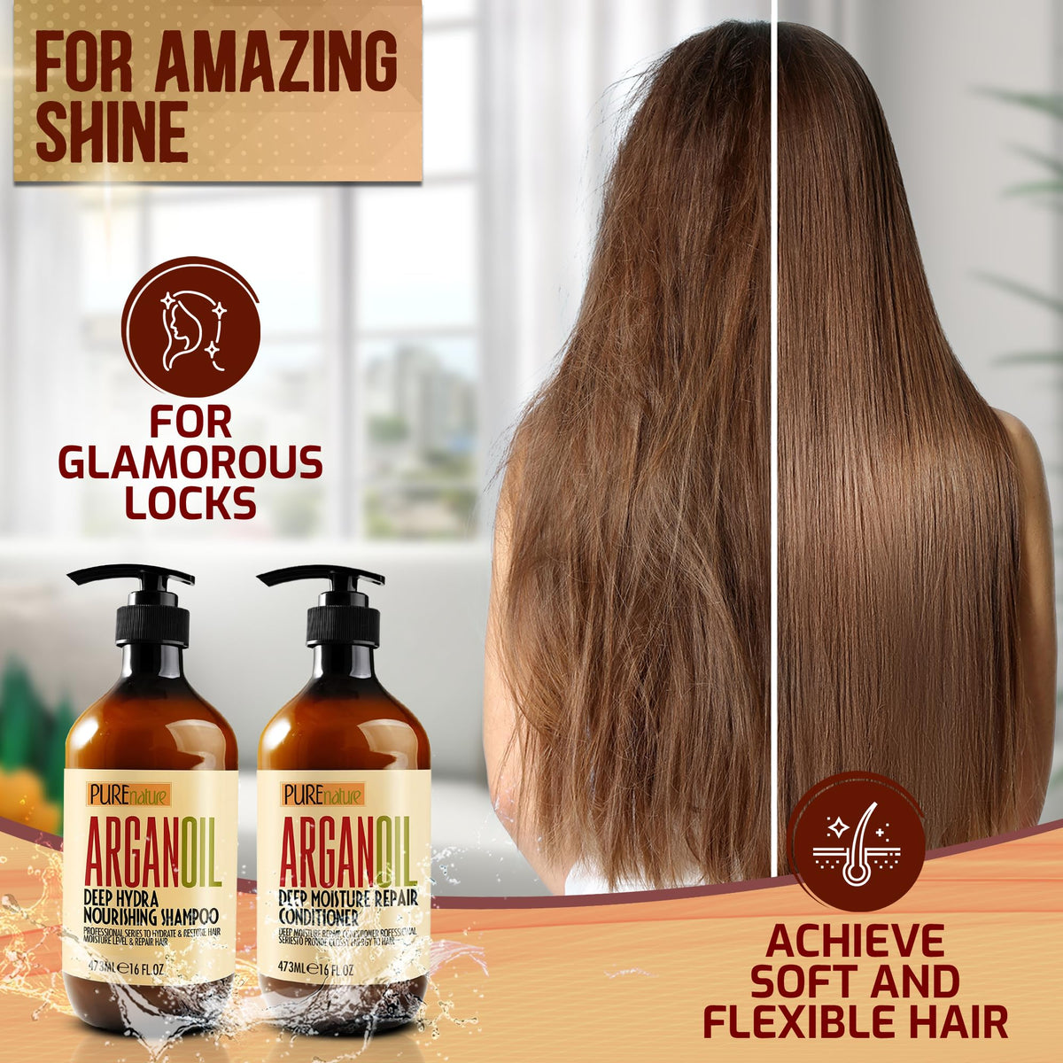 Dark Olive Green Argan Oil Shampoo and Conditioner Set - Sulfate Free Moroccan Care with Keratin - For Curly, Straight, Dry and Damaged Hair - Moisturizing, Hydrating, Anti Frizz Salon Technology