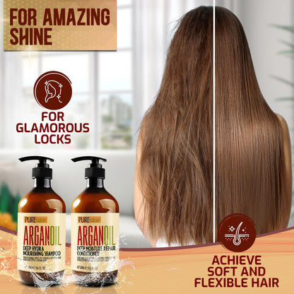 Dark Olive Green Argan Oil Shampoo and Conditioner Set - Sulfate Free Moroccan Care with Keratin - For Curly, Straight, Dry and Damaged Hair - Moisturizing, Hydrating, Anti Frizz Salon Technology