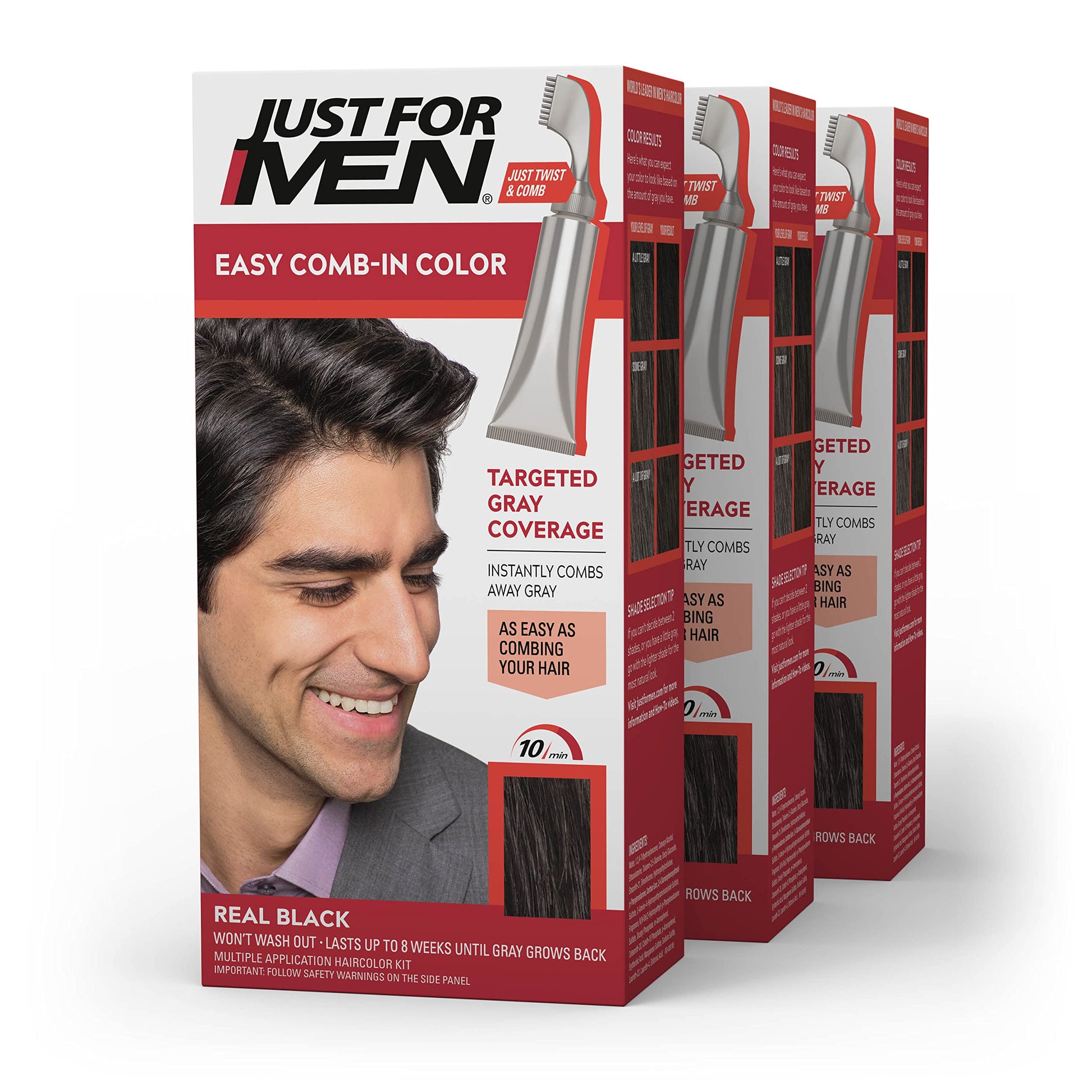 White Smoke Just For Men Easy Comb-In Color Mens Hair Dye, Easy No Mix Application with Comb Applicator - Real Black, A-55, Pack of 3