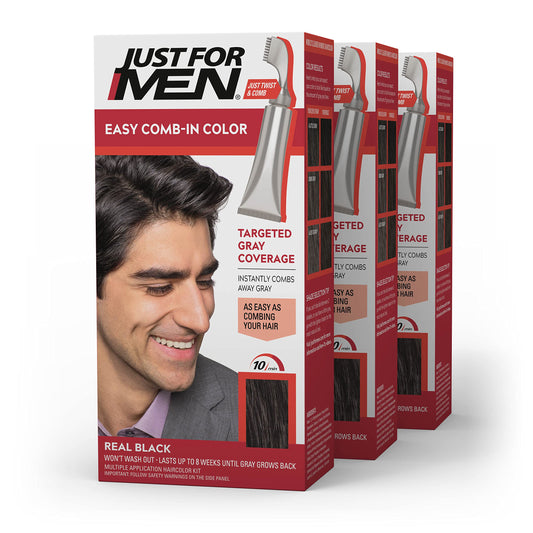 White Smoke Just For Men Easy Comb-In Color Mens Hair Dye, Easy No Mix Application with Comb Applicator - Real Black, A-55, Pack of 3
