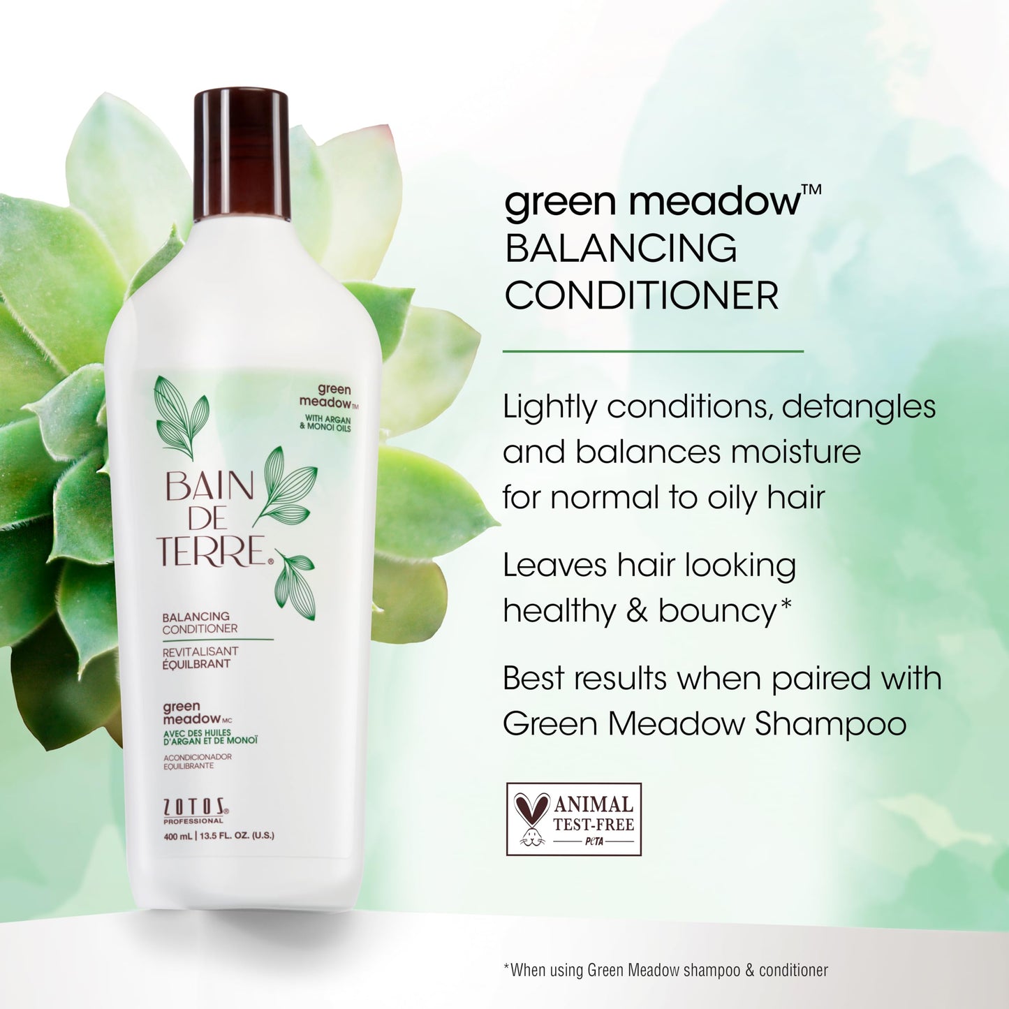 White Smoke Bain de Terre Green Meadow Balancing Conditioner, Gentle Moisture Balance for Soft, Silky & Bouncy Hair with Argan & Monoi Oils, Paraben-free, Color-Safe, Vegan, 13.5 Fl Oz