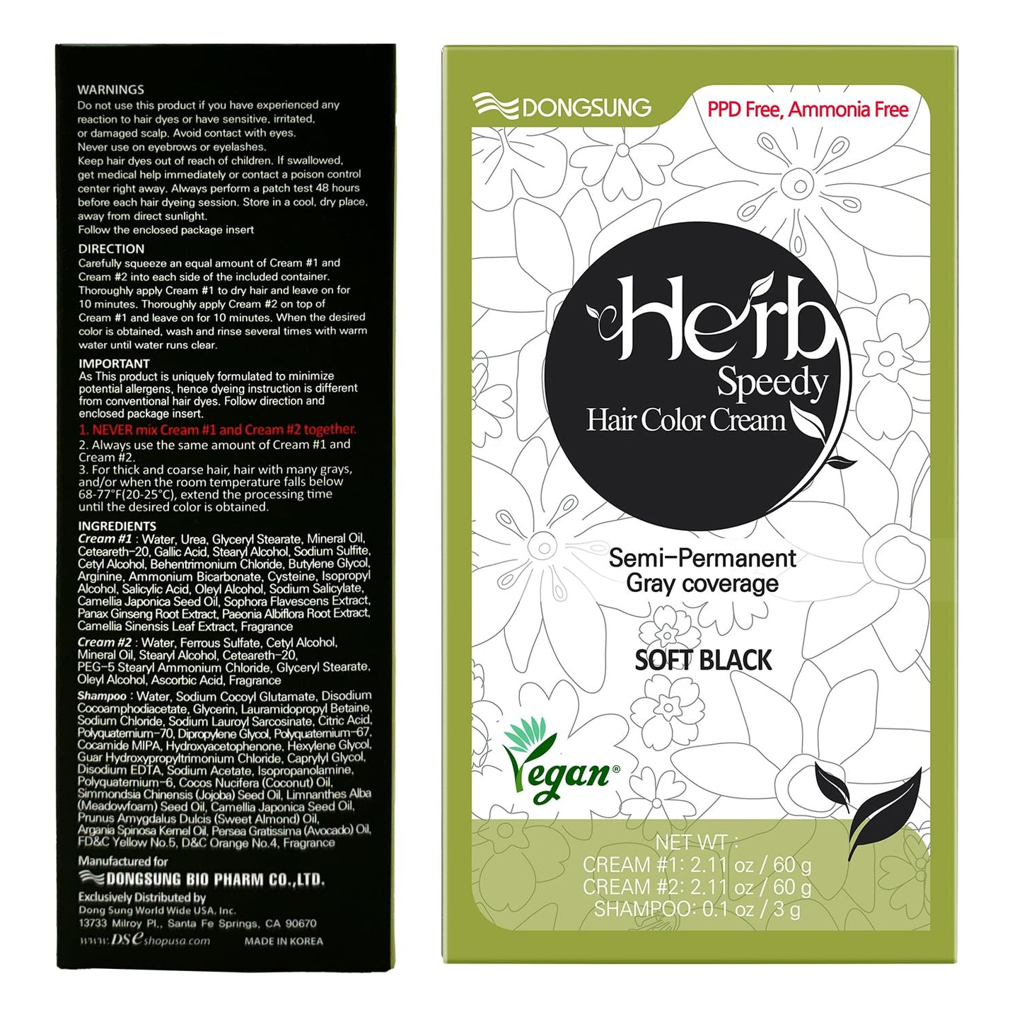 White Smoke Dongsung Herb Speedy Color Cream(Soft Black) – Korean Herbal Vegan Hair Dye, PPD-Free, Ammonia-Free, Hypoallergenic – 100% Gray Coverage Odorless Dermatologically Tested Quick 20-Minute Application