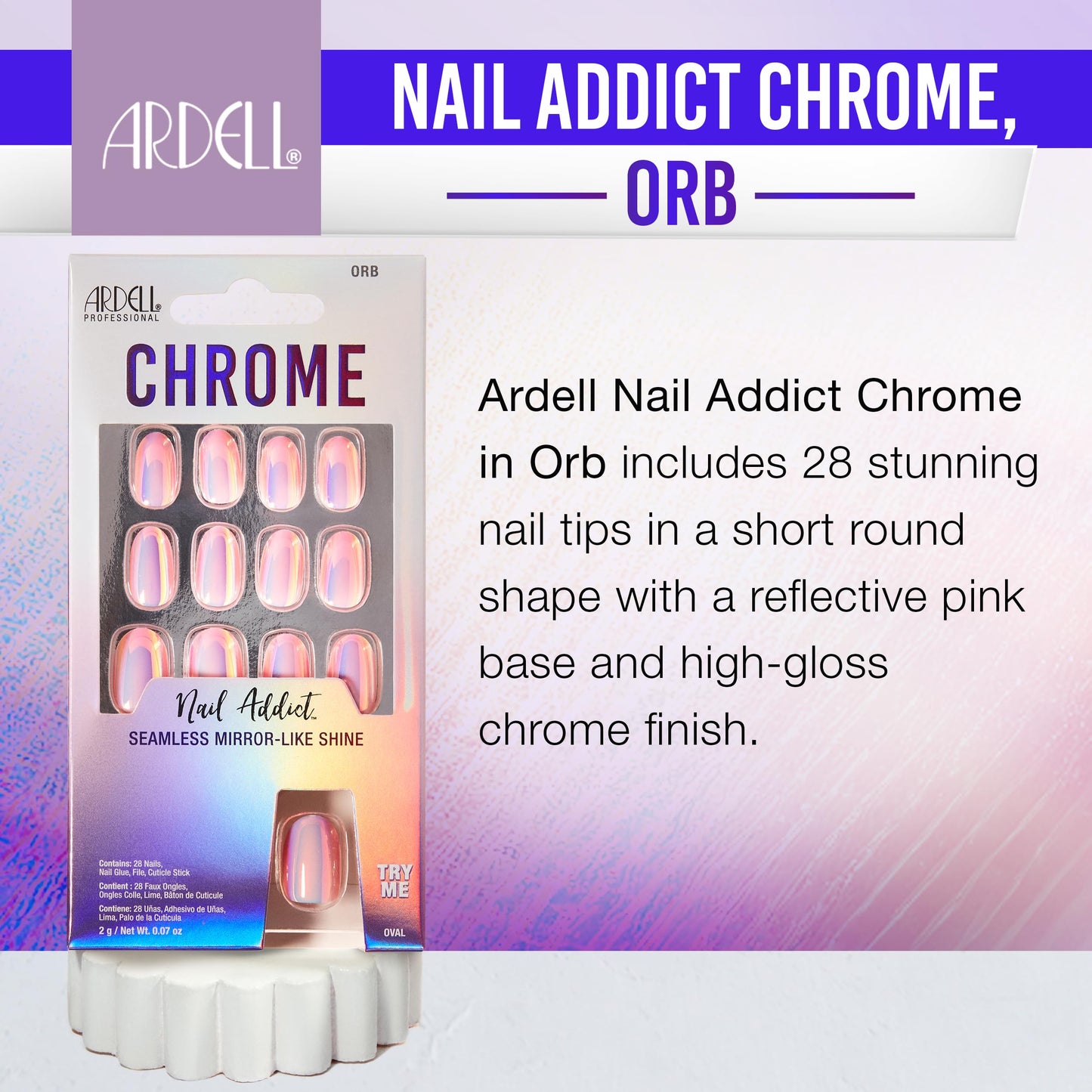 White Smoke Ardell Nail Addict Chrome Press on Nails - Orb, Short Round Shape, All-in-One, Nail Kit, 1-Pack