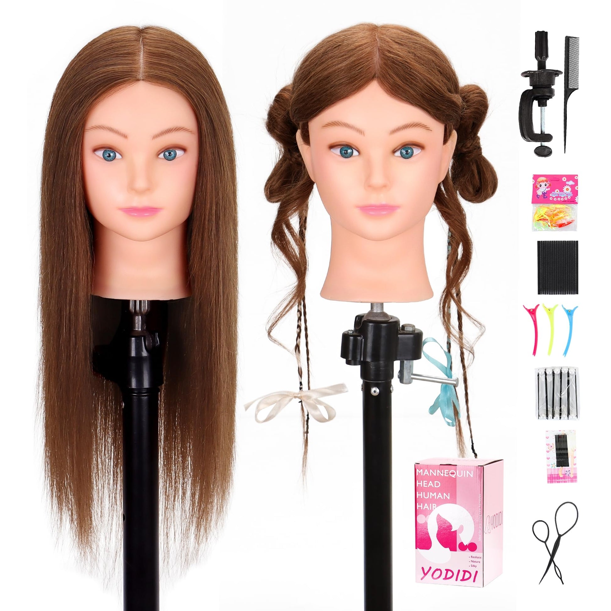White Smoke Mannequin Head Human Hair 22"-24" Female 100% Human Hair Mannequin Head Hair Styling Cosmetology Manikin Head Doll Head for Hairdresser with Clamp Holder and Tools (dark brown)