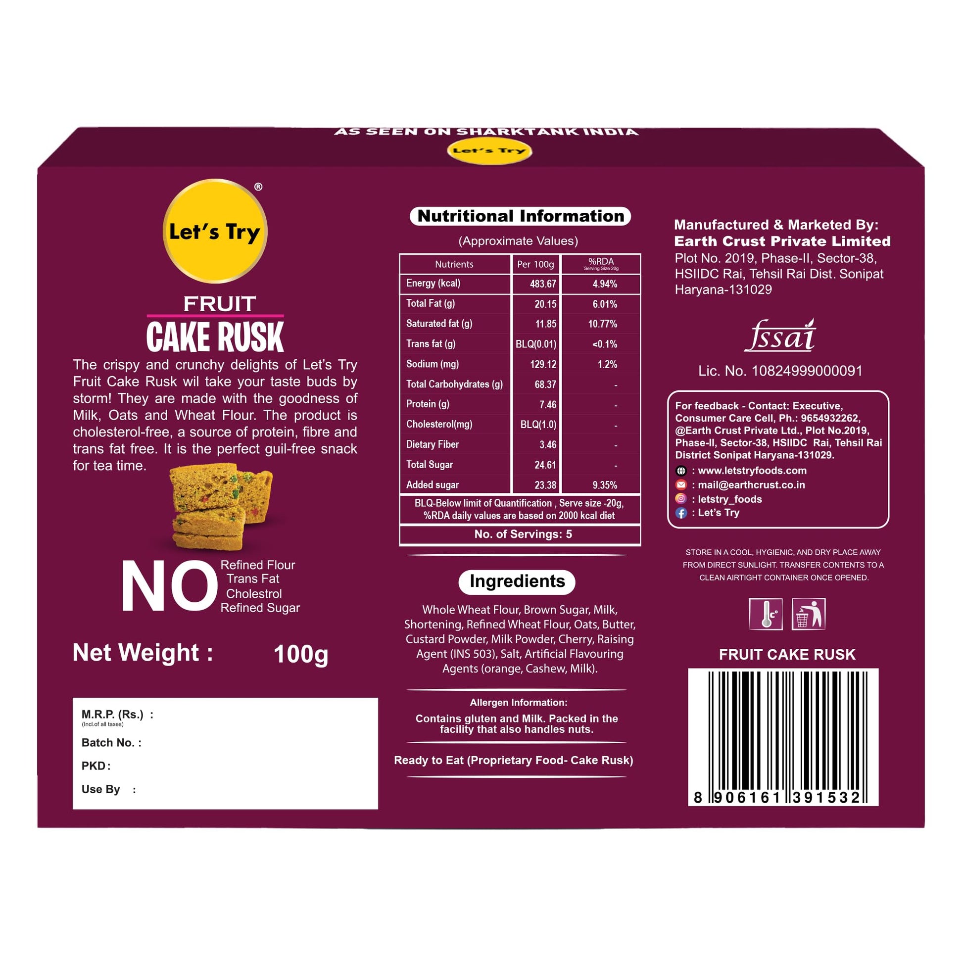 Brown Let's Try Fruit Cake Rusk with Goodness of Milk & Atta
