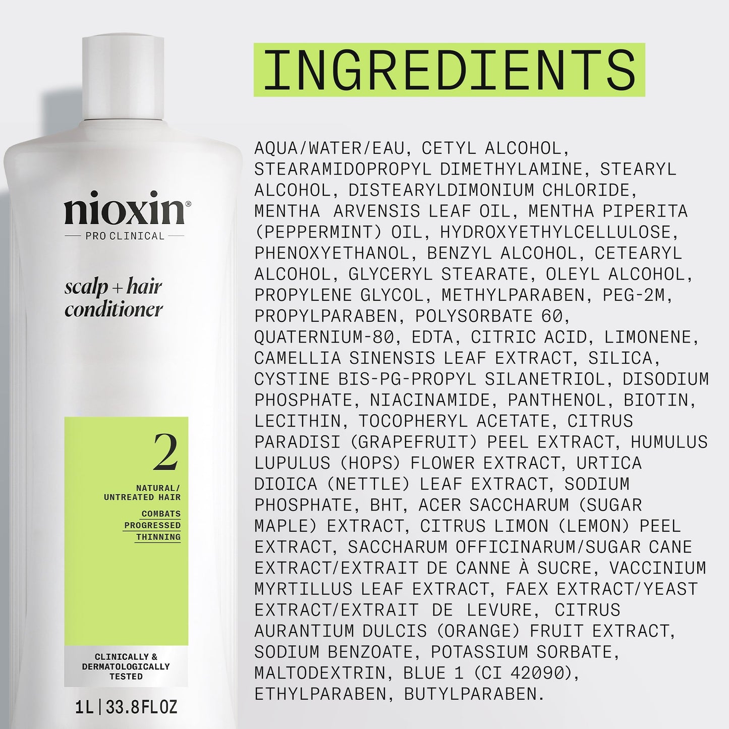 Gray Nioxin Scalp + Hair Thickening System 2 Conditioner| For Natural or Untreated Hair with Progressed Thinning| With Niacinamide and Biotin | 33.8 Fl oz.