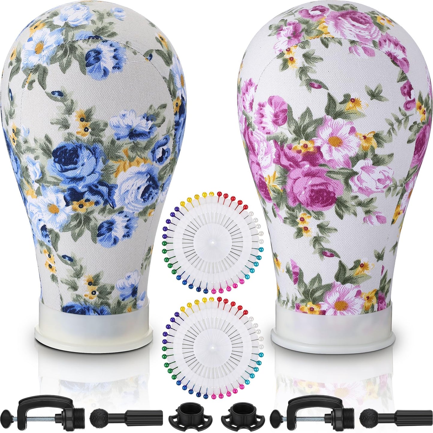 White Smoke DoubleFill 2-Piece Mannequin Heads for Wigs - 22 Inch Canvas Wig Heads with Mount Hole Pins & 2 C Clamp Stand Holder for Lace Wig Making & Display (Floral)